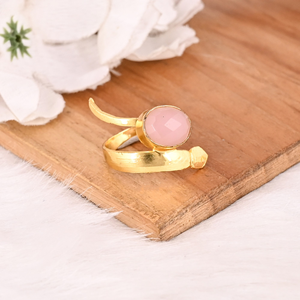 Image of Handmade Rose Chalcedony Gemstone Brass Ring Stylish Brass Jewelry for Women