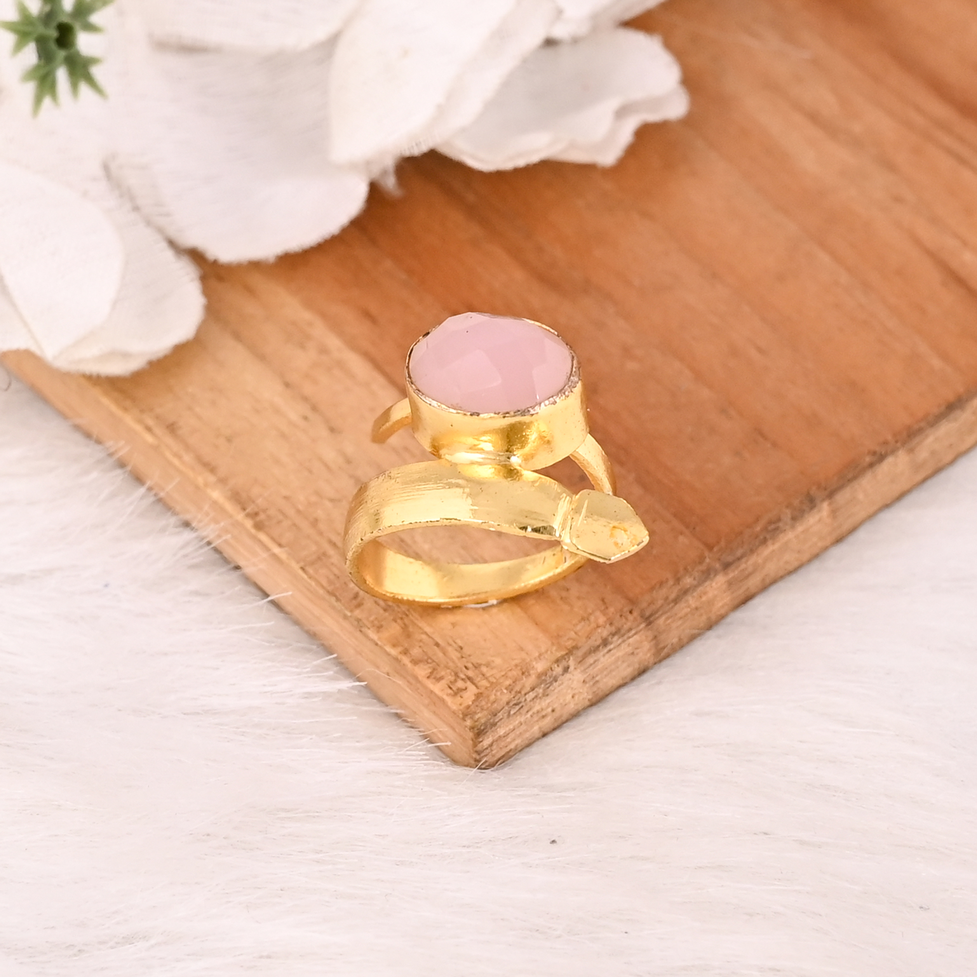 Handmade Rose Chalcedony Gemstone Brass Ring Stylish Brass Jewelry for Women