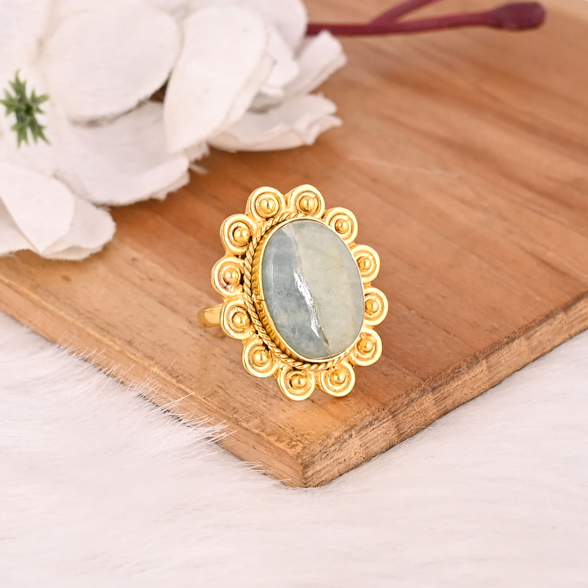 Natural Aquamarine Brass Ring Handmade Stylish Jewelry for Women