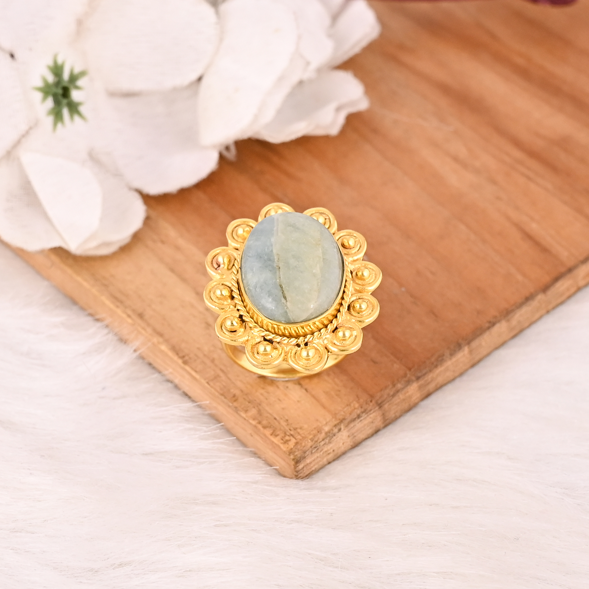 Natural Aquamarine Brass Ring Handmade Stylish Jewelry for Women