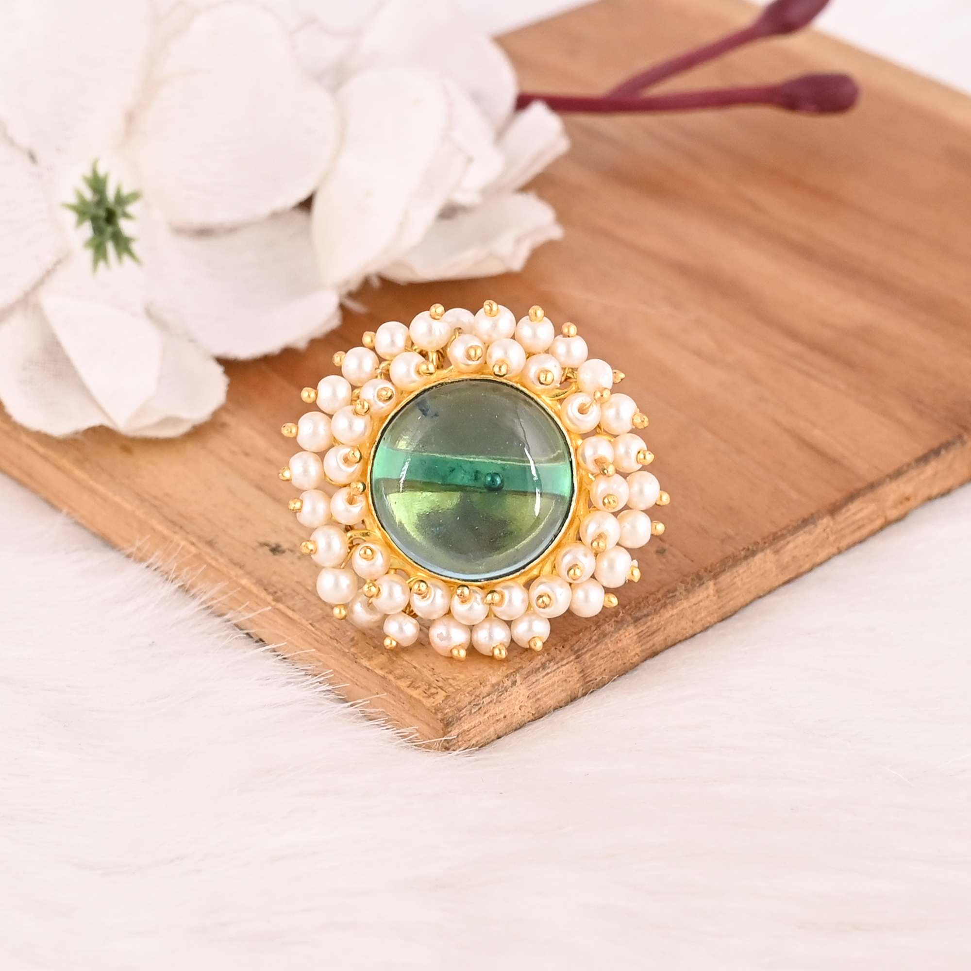 Stylish Gold Plated Brass Blue Topaz Hydro  Pearl Adjustable Ring Handmade Gemstone Jewelry for Women
