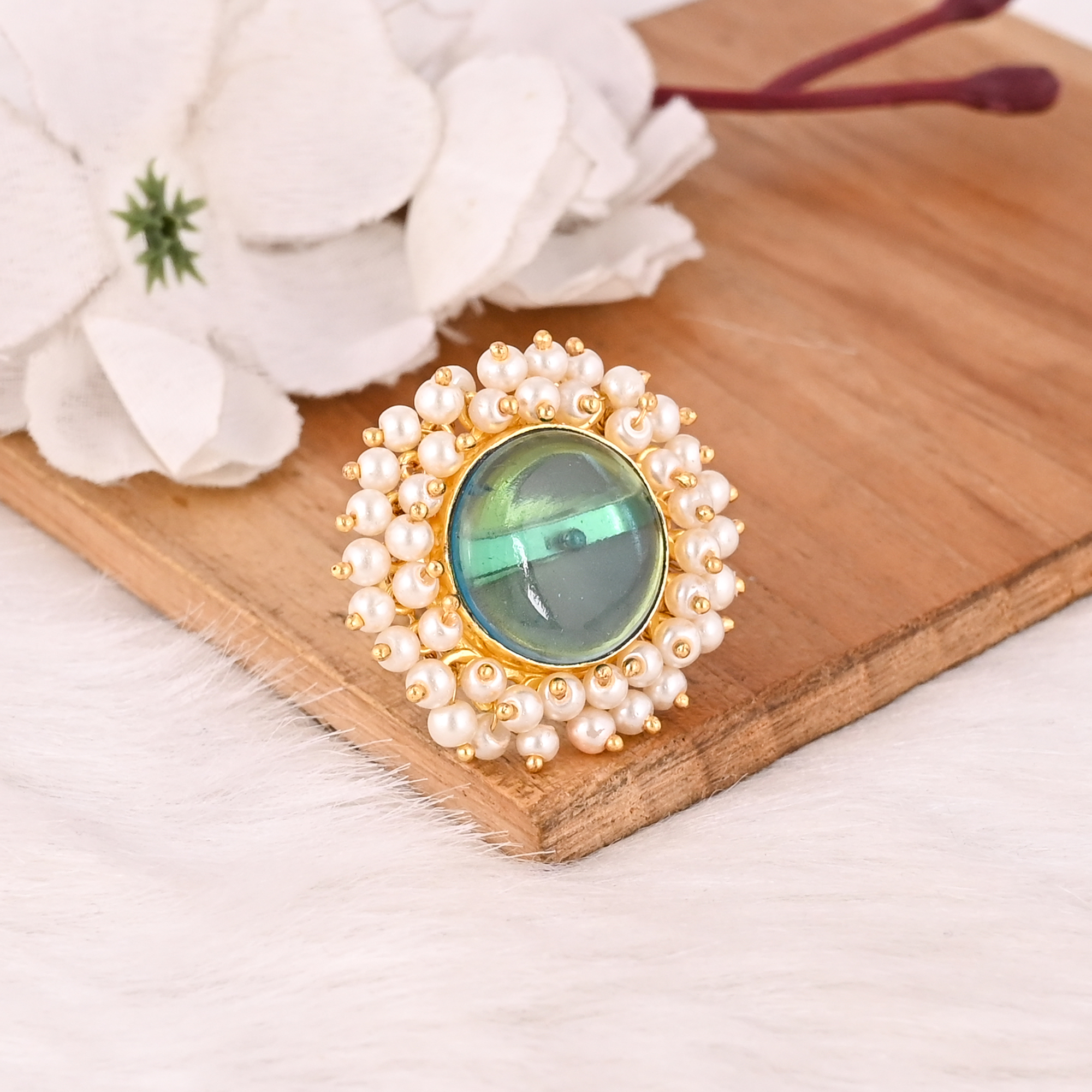Stylish Gold Plated Brass Blue Topaz Hydro  Pearl Adjustable Ring Handmade Gemstone Jewelry for Women