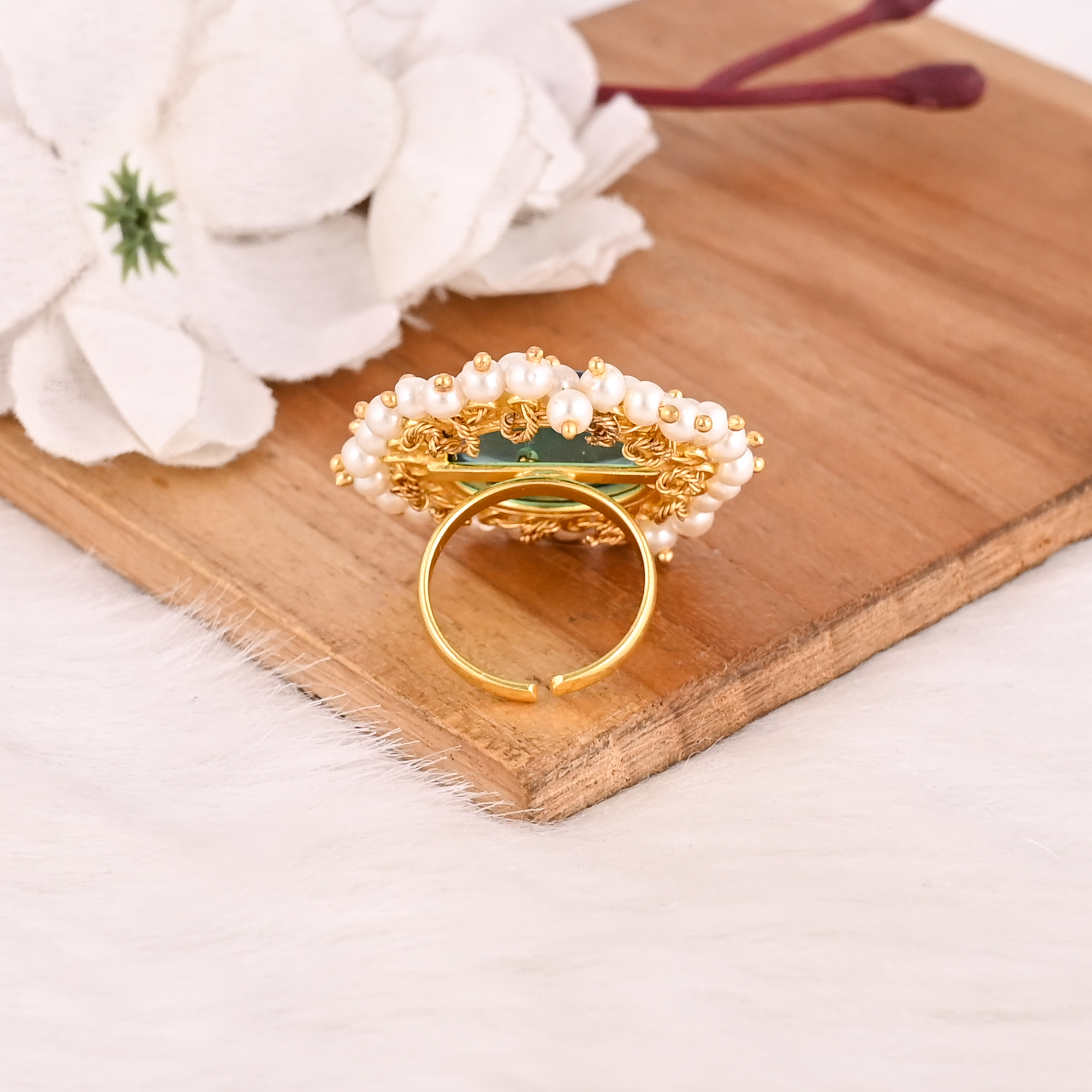 Stylish Gold Plated Brass Blue Topaz Hydro  Pearl Adjustable Ring Handmade Gemstone Jewelry for Women