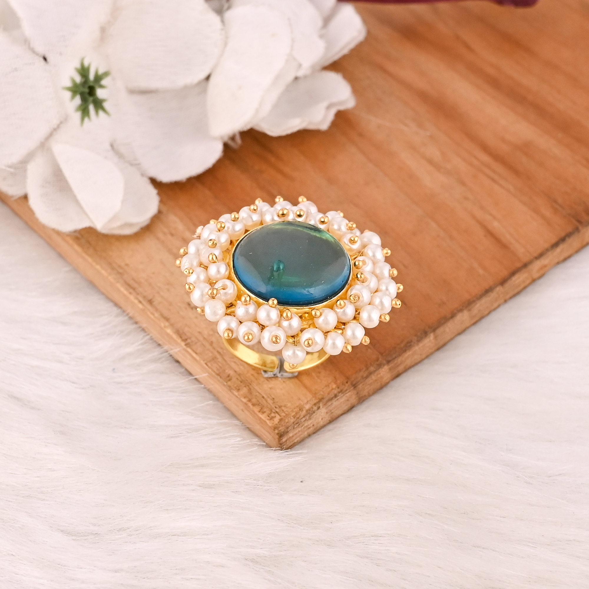 Stylish Gold Plated Brass Blue Topaz Hydro  Pearl Adjustable Ring Handmade Gemstone Jewelry for Women