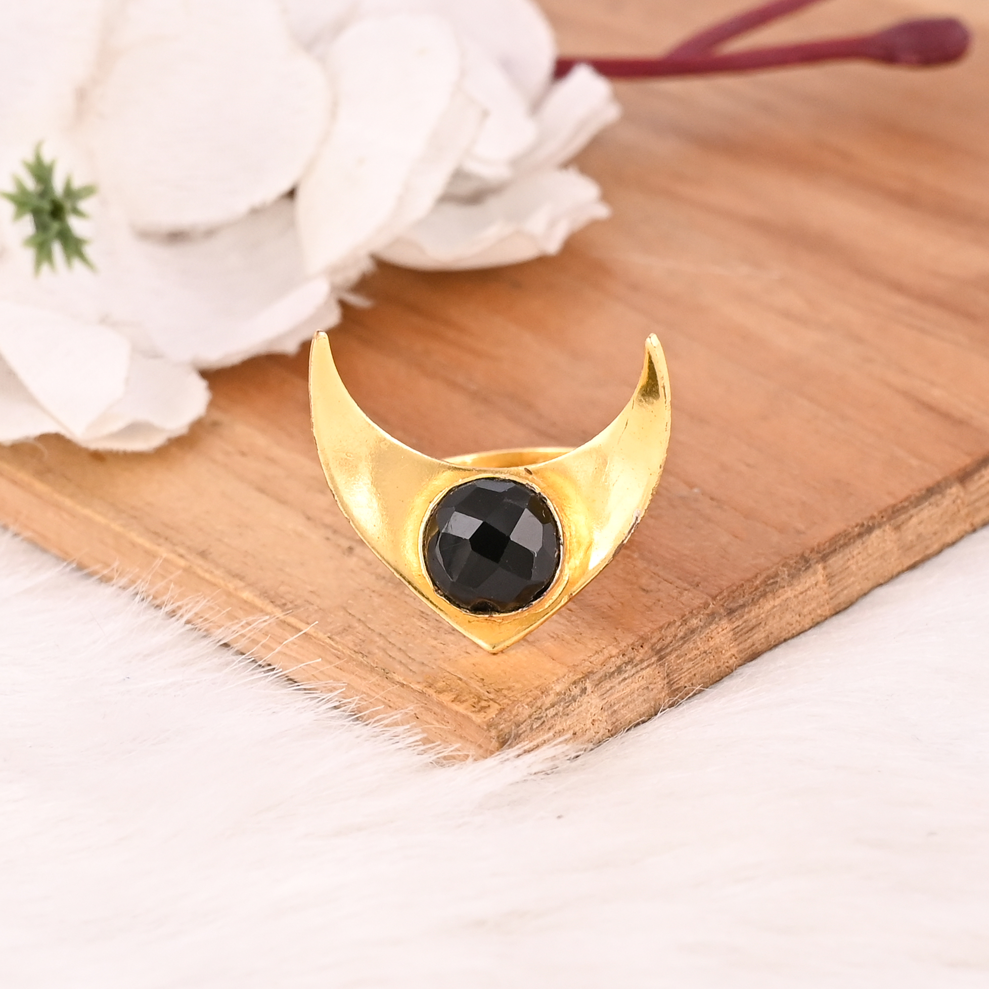 Adjustable Black Onyx Stone Gold Plated Brass Ring Handmade Trendy Fashion Jewelry for Women