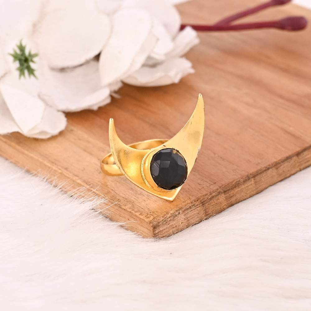 Image of Adjustable Black Onyx Stone Gold Plated Brass Ring Handmade Trendy Fashion Jewelry for Women