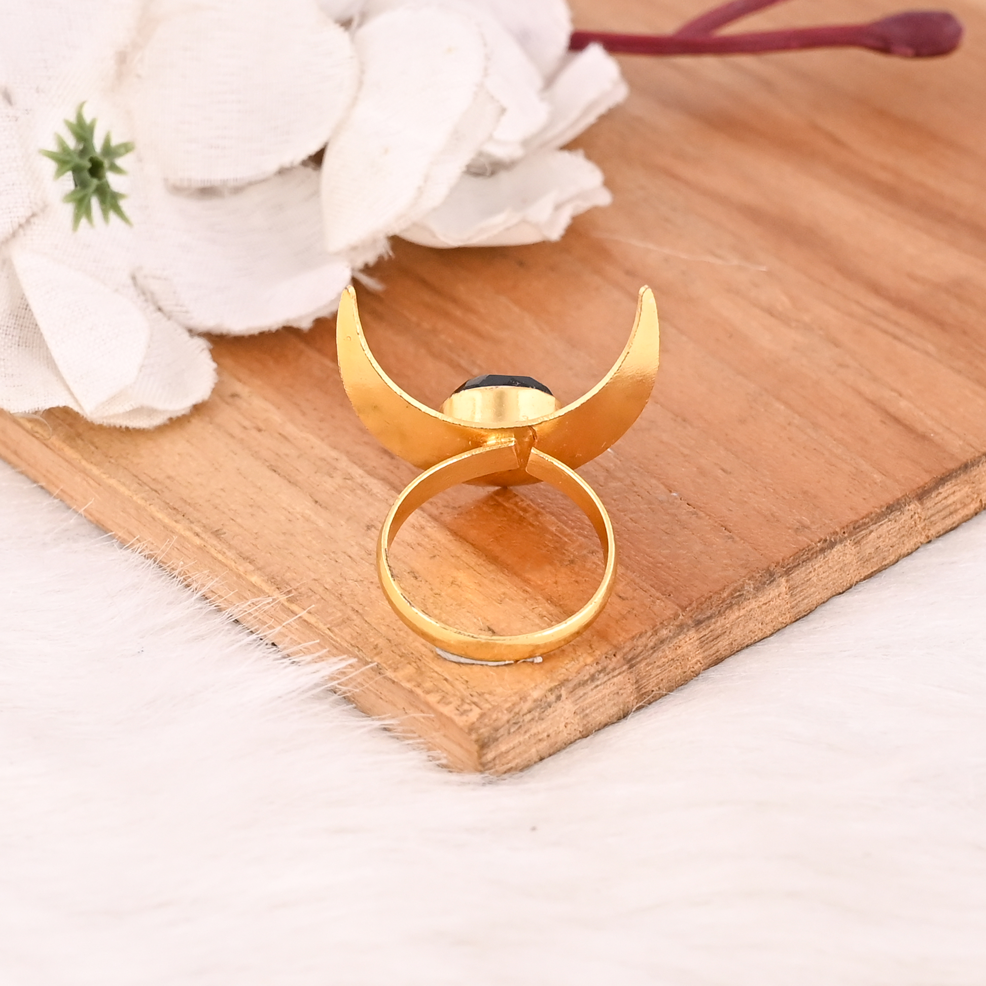 Adjustable Black Onyx Stone Gold Plated Brass Ring Handmade Trendy Fashion Jewelry for Women