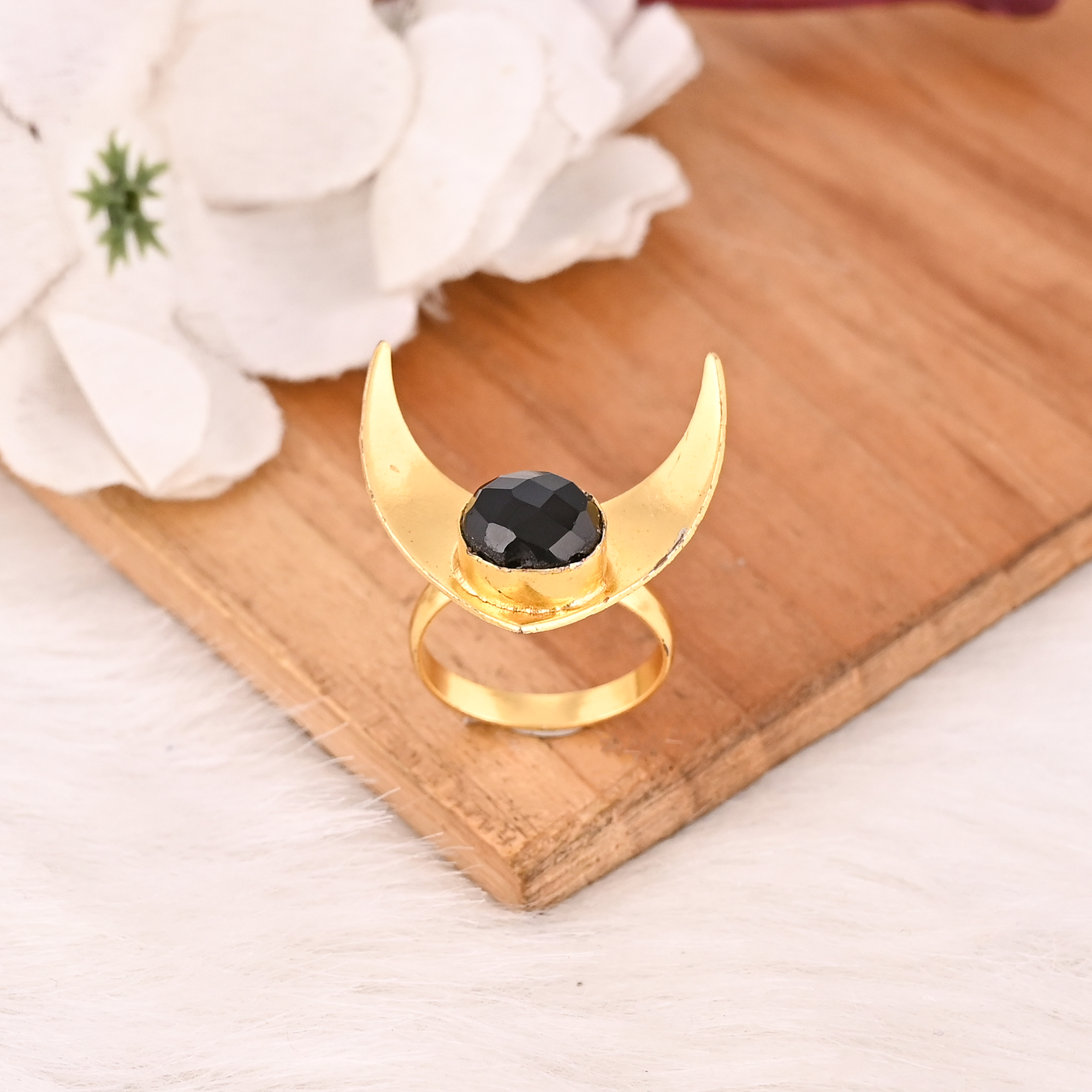 Adjustable Black Onyx Stone Gold Plated Brass Ring Handmade Trendy Fashion Jewelry for Women