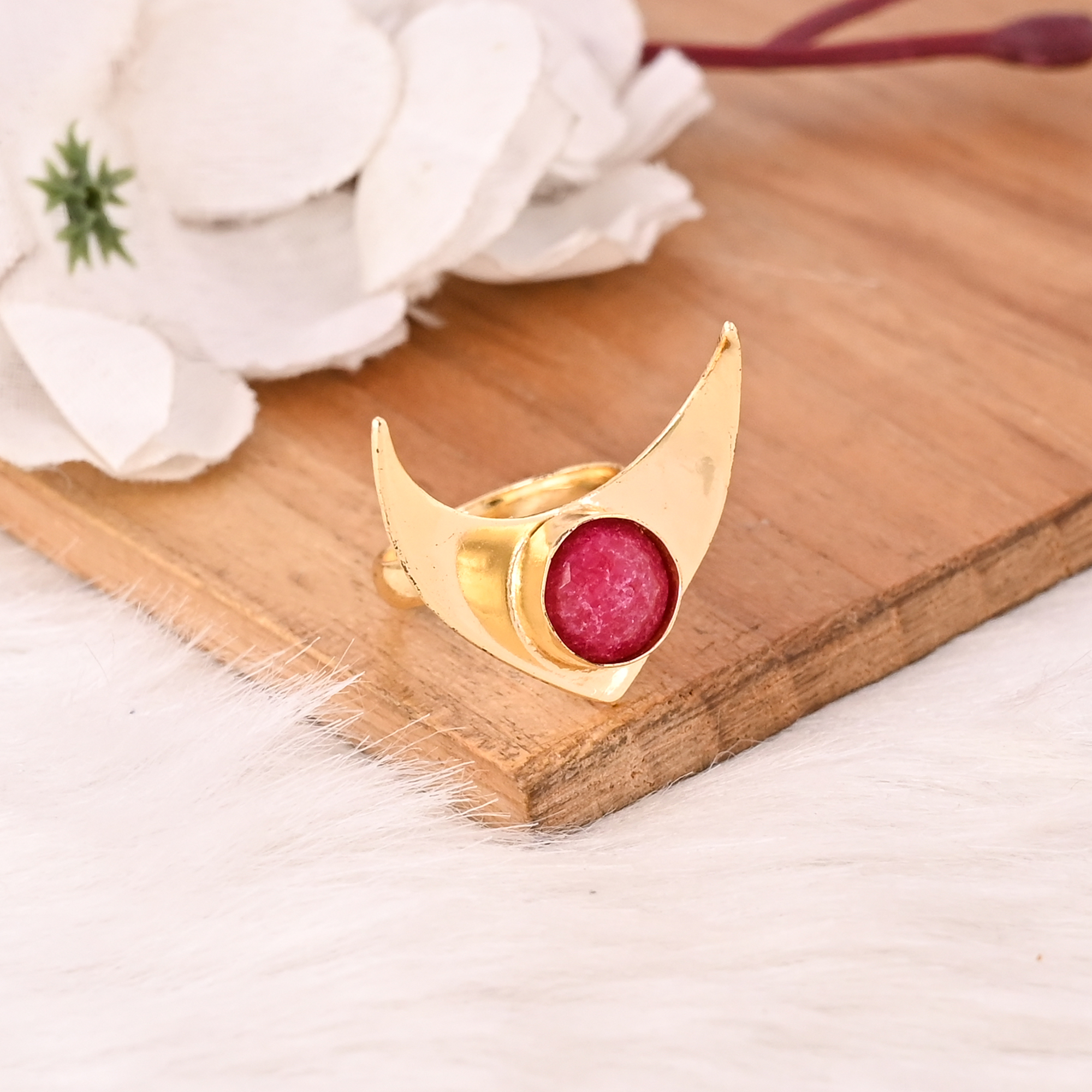 Gold Plated Natural Ruby Ropada Gemstone Brass Ring Handmade Trendy Jewelry for Women