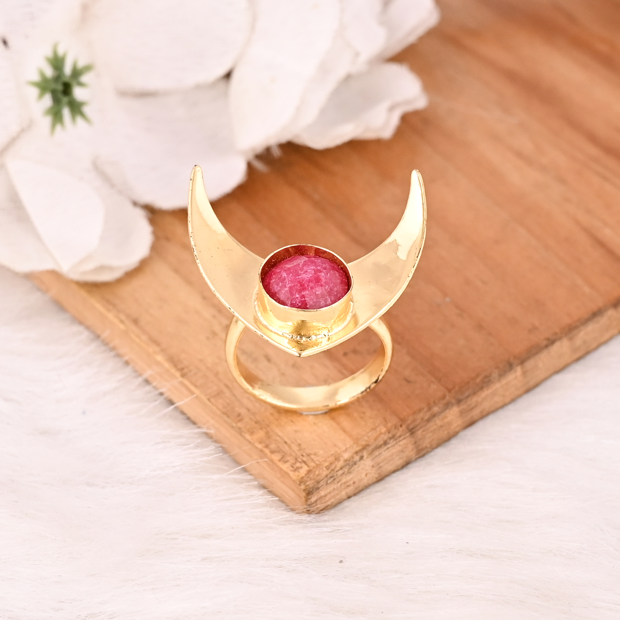 Gold Plated Natural Ruby Ropada Gemstone Brass Ring Handmade Trendy Jewelry for Women