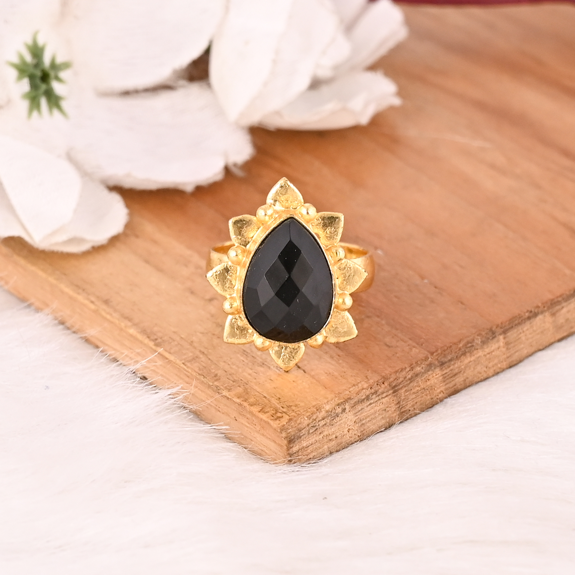 Adjustable Black Onyx Stone Gold Plated Brass Ring Handmade Trendy Fashion Jewelry for Women