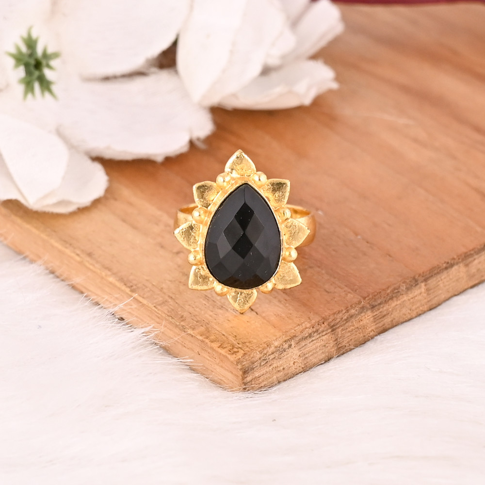 Image of Adjustable Lab Created Black Onyx Gemstone Ring Gold Plated Brass Handmade Trendy Fashion Jewelry for Women