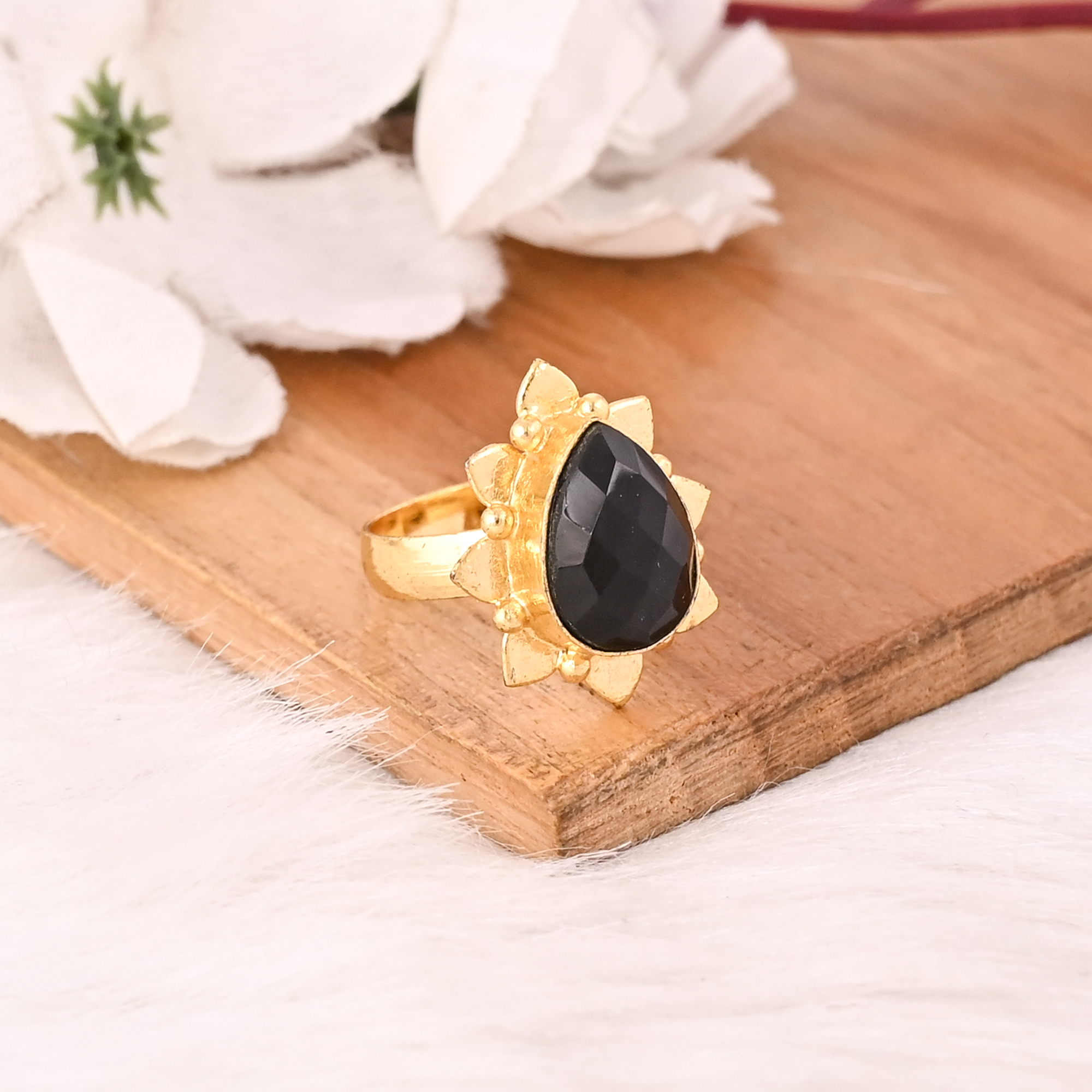 Adjustable Black Onyx Stone Gold Plated Brass Ring Handmade Trendy Fashion Jewelry for Women