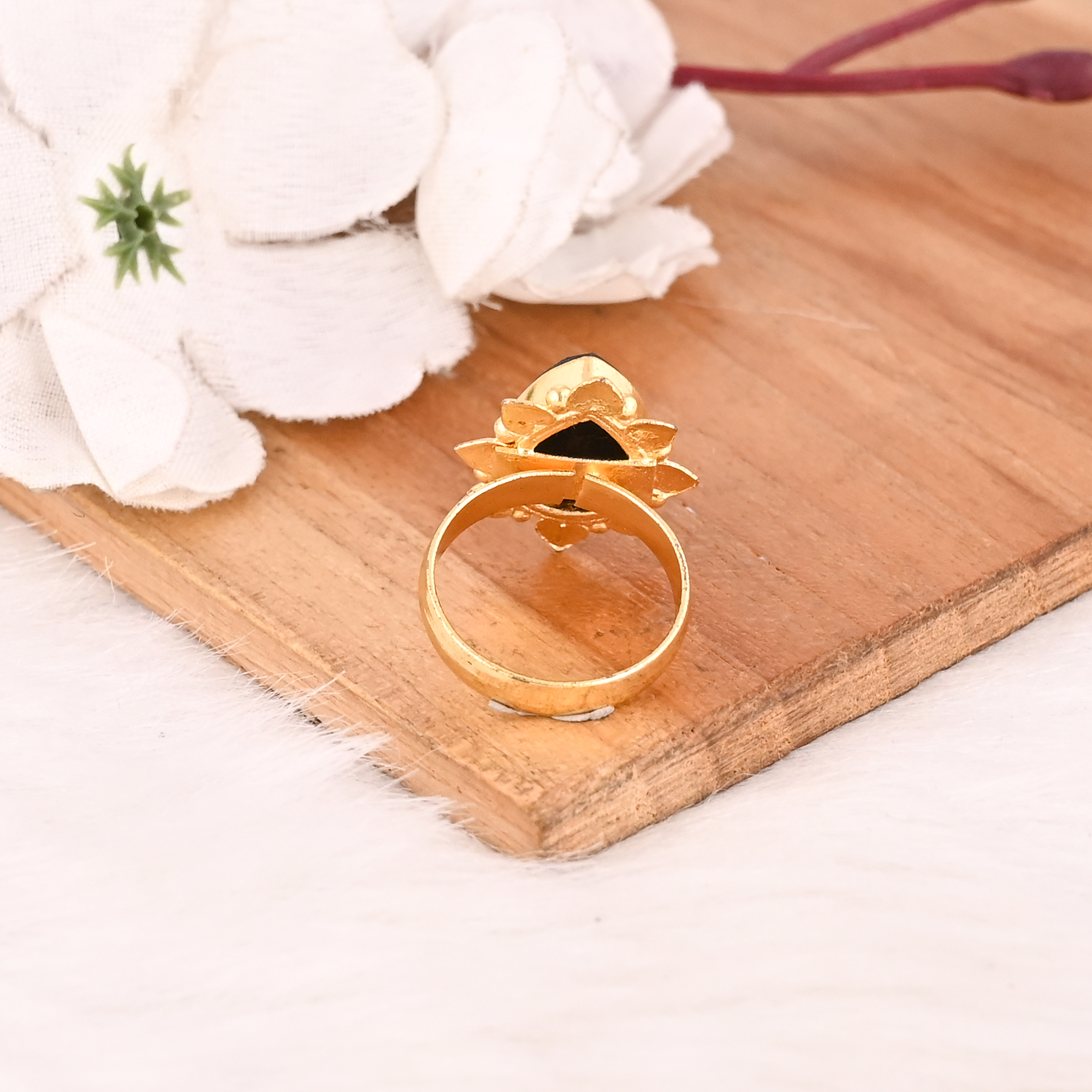 Adjustable Black Onyx Stone Gold Plated Brass Ring Handmade Trendy Fashion Jewelry for Women