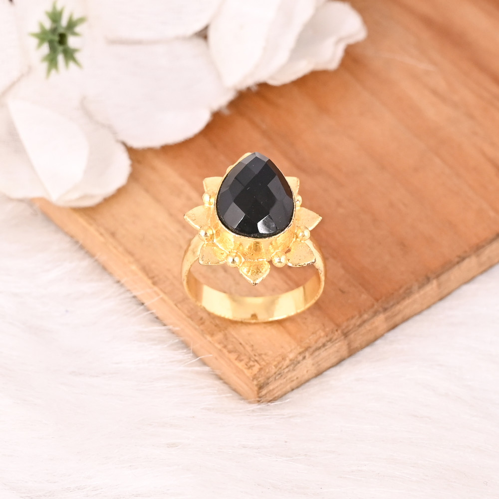 Image of Adjustable Black Onyx Stone Gold Plated Brass Ring Handmade Trendy Fashion Jewelry for Women