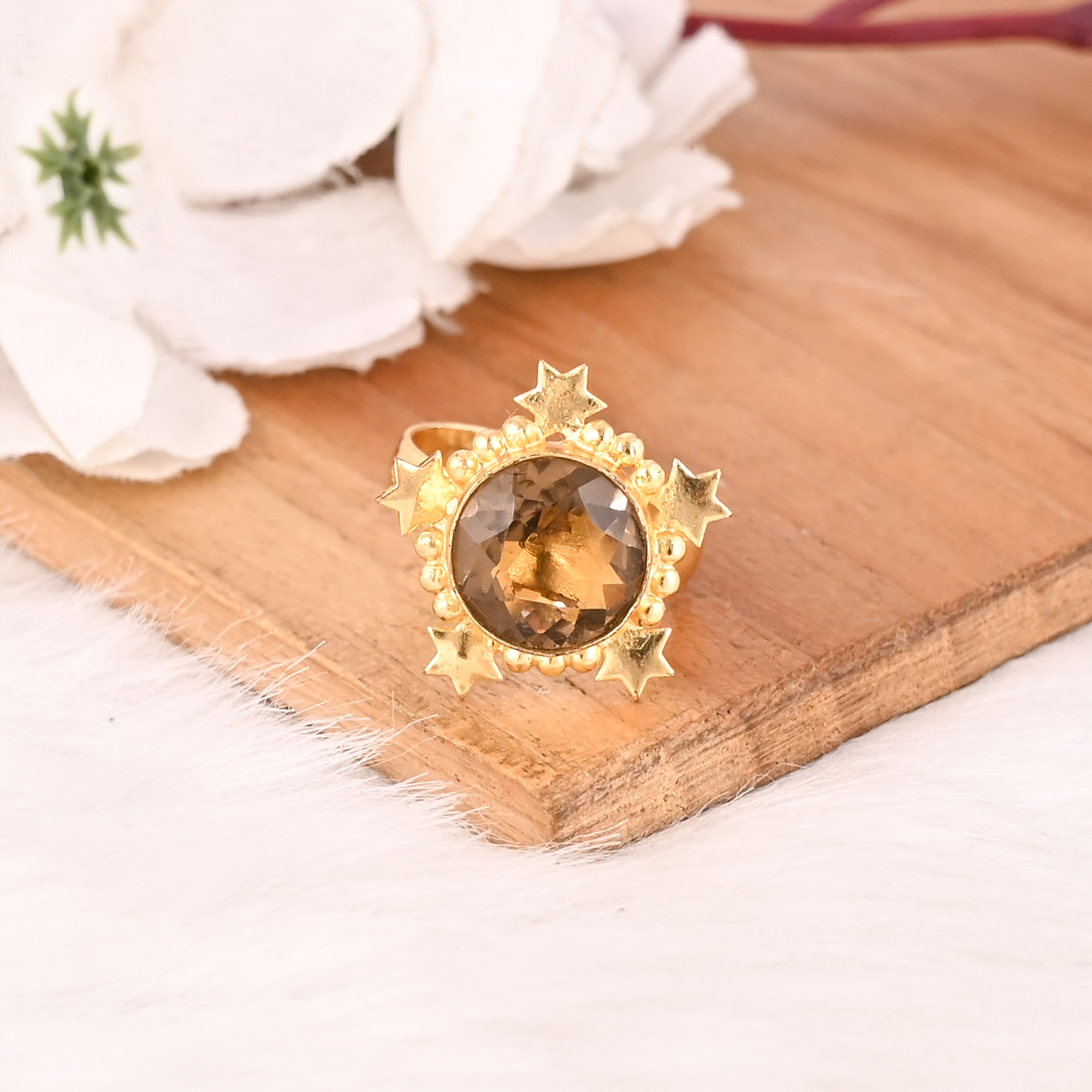 Designer Smoky Hydro Fashion Ring Handmade Brass Gold Plated Gemstone Adjustable Stylish Jewelry for Women