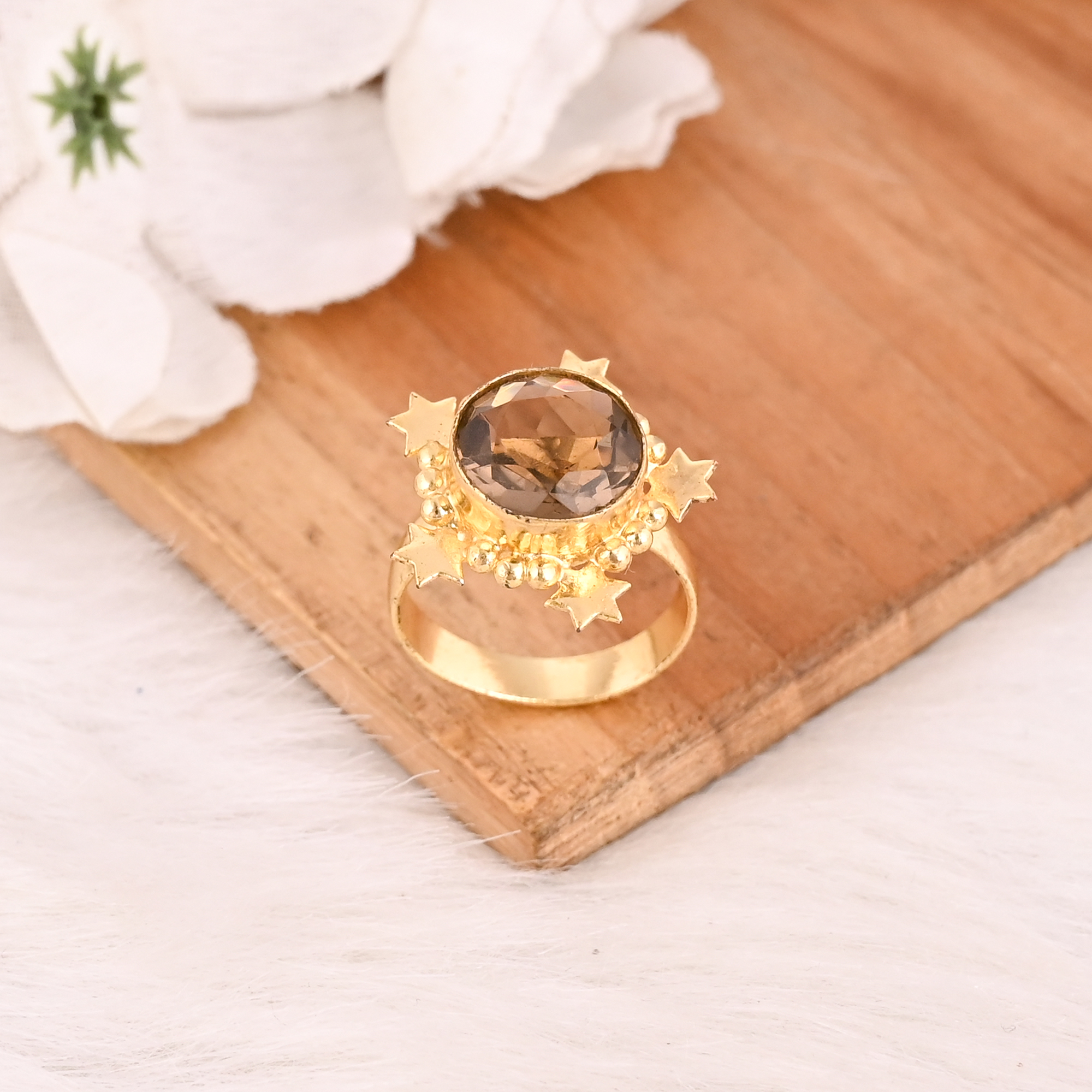 Designer Smoky Hydro Fashion Ring Handmade Brass Gold Plated Gemstone Adjustable Stylish Jewelry for Women