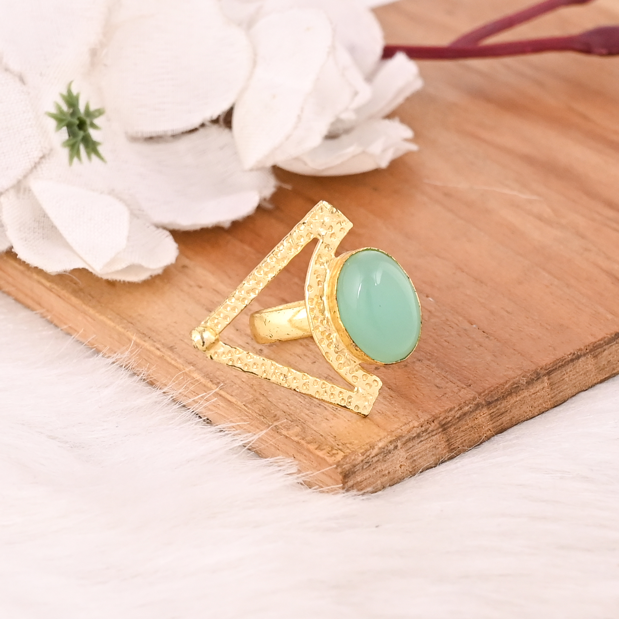 Trendy Aqua Chalcedony Brass Ring for Women Gold Plated Gemstone Wedding Engagement Fashion Jewelry