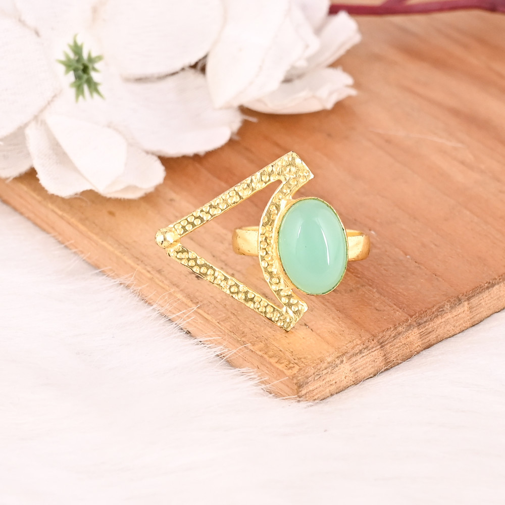 Image of Trendy Aqua Chalcedony Brass Ring for Women Gold Plated Gemstone Wedding Engagement Fashion Jewelry