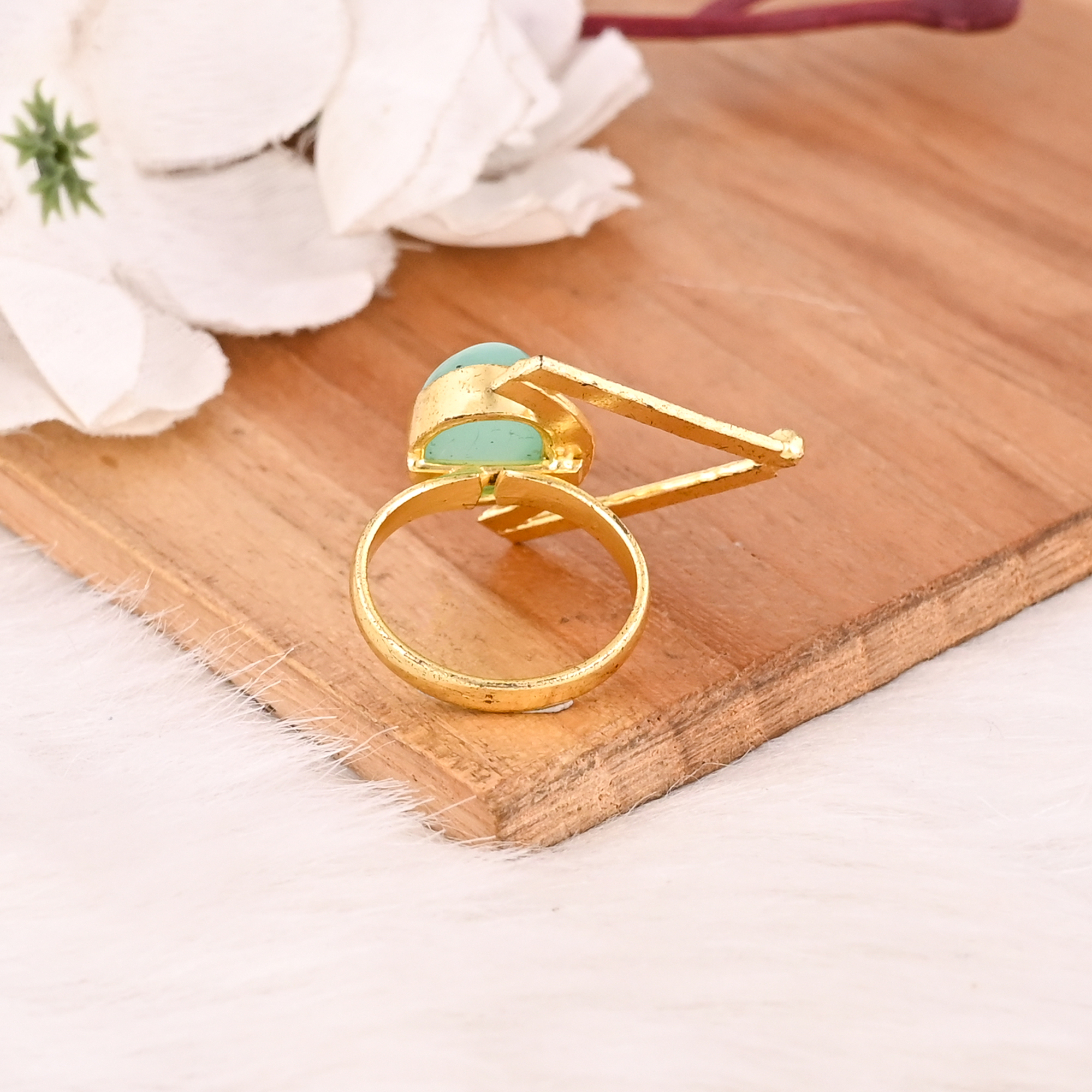 Trendy Aqua Chalcedony Brass Ring for Women Gold Plated Gemstone Wedding Engagement Fashion Jewelry