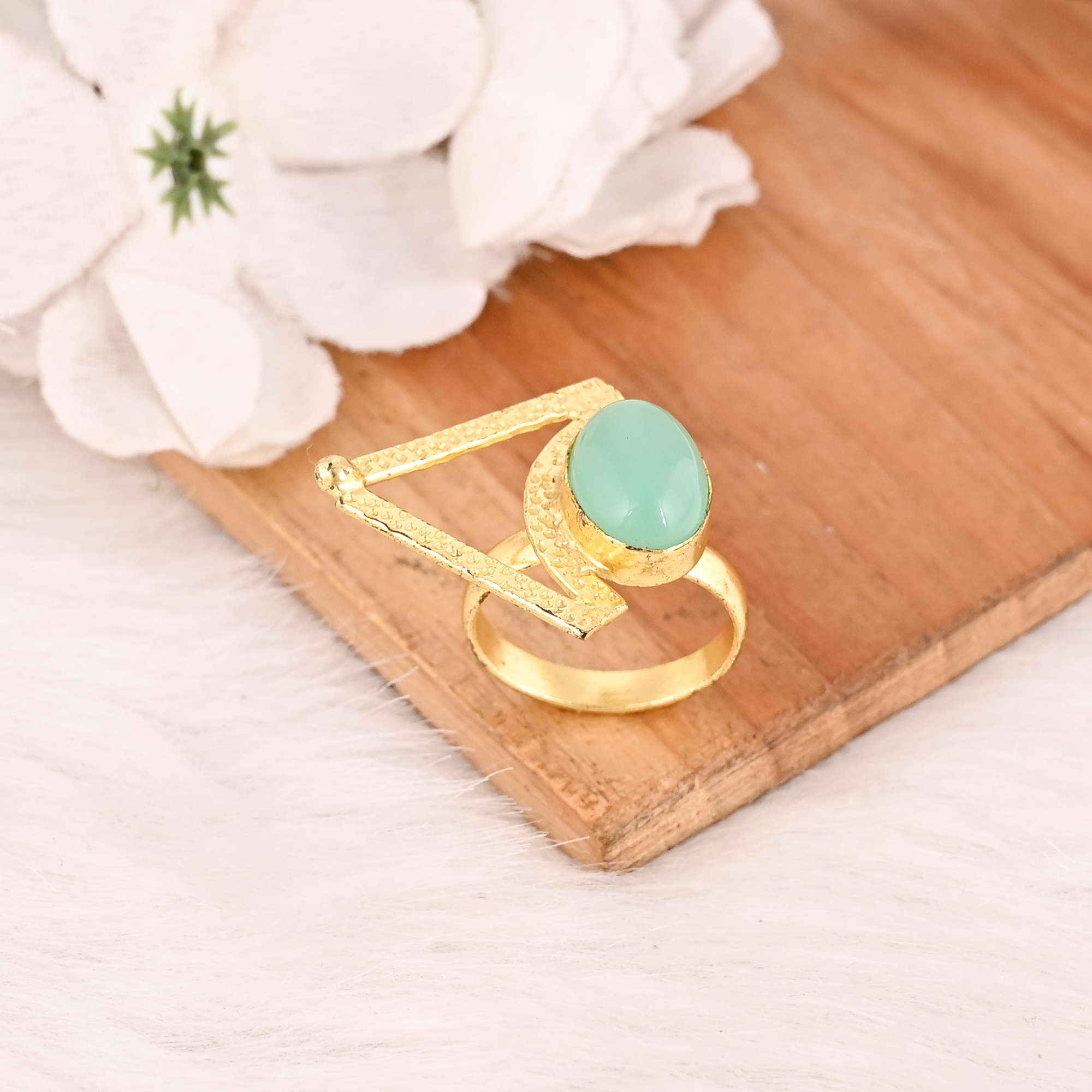 Trendy Aqua Chalcedony Brass Ring for Women Gold Plated Gemstone Wedding Engagement Fashion Jewelry
