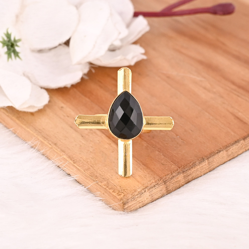 Image of Adjustable Black Onyx Stone Gold Plated Brass Ring Handmade Trendy Fashion Jewelry for Women