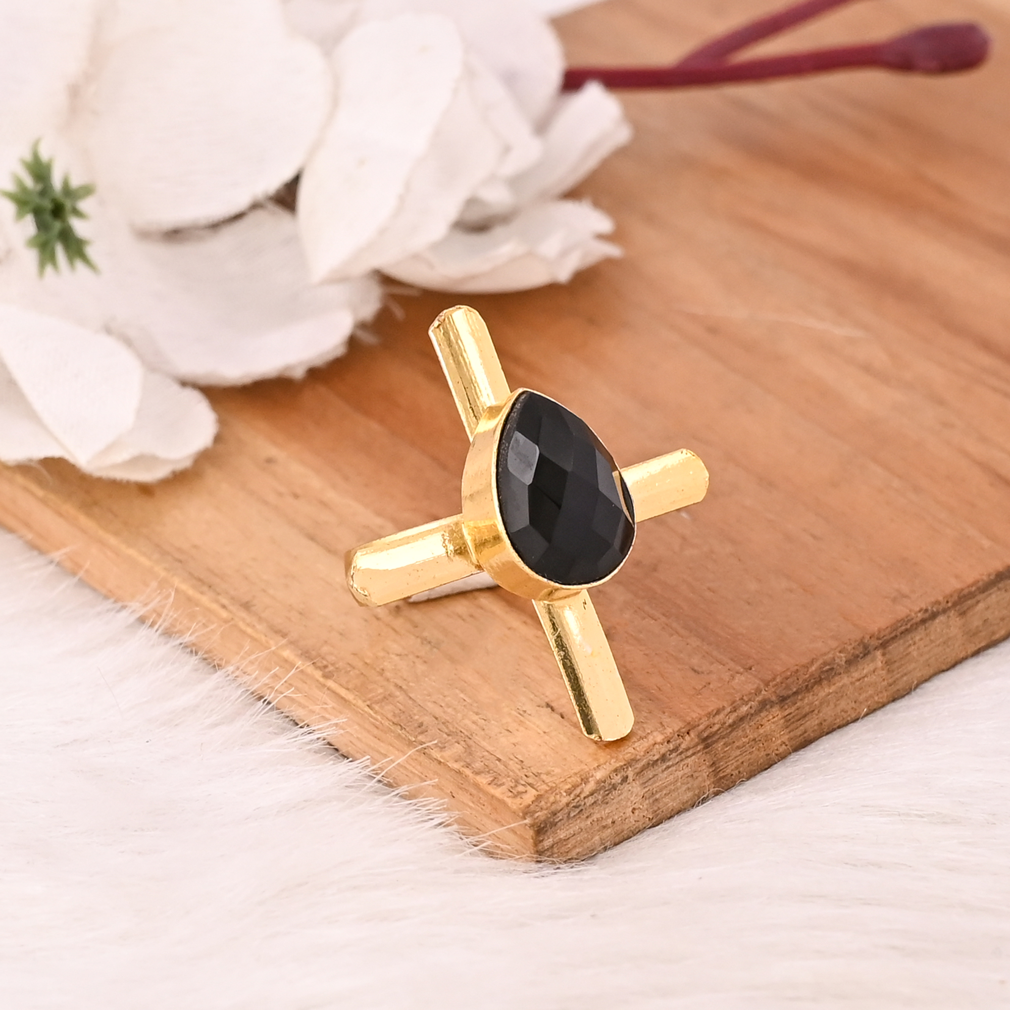 Adjustable Black Onyx Stone Gold Plated Brass Ring Handmade Trendy Fashion Jewelry for Women