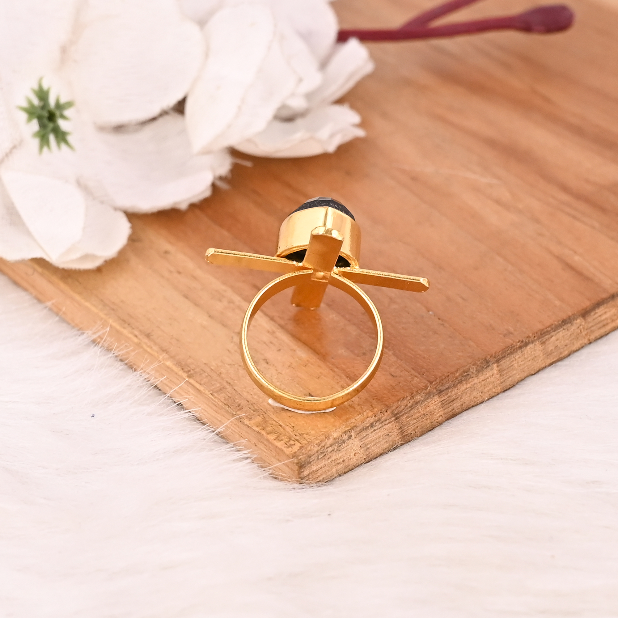 Adjustable Black Onyx Stone Gold Plated Brass Ring Handmade Trendy Fashion Jewelry for Women