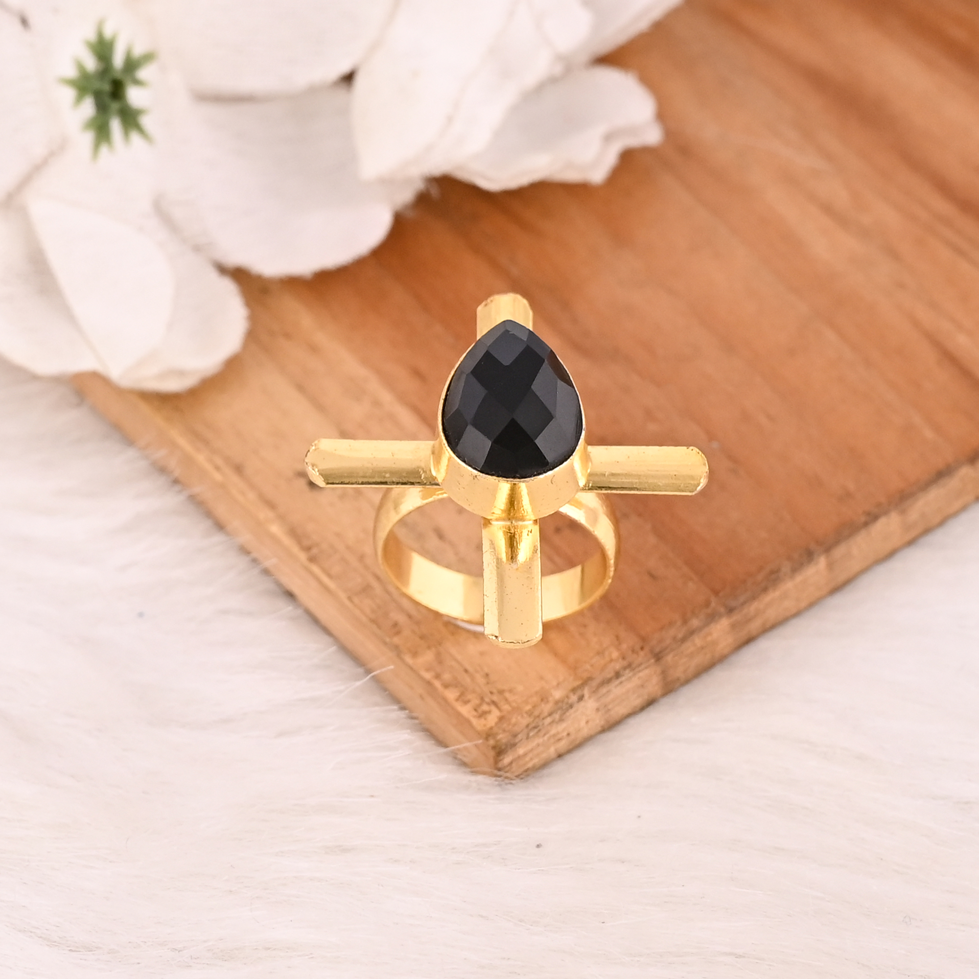 Adjustable Black Onyx Stone Gold Plated Brass Ring Handmade Trendy Fashion Jewelry for Women