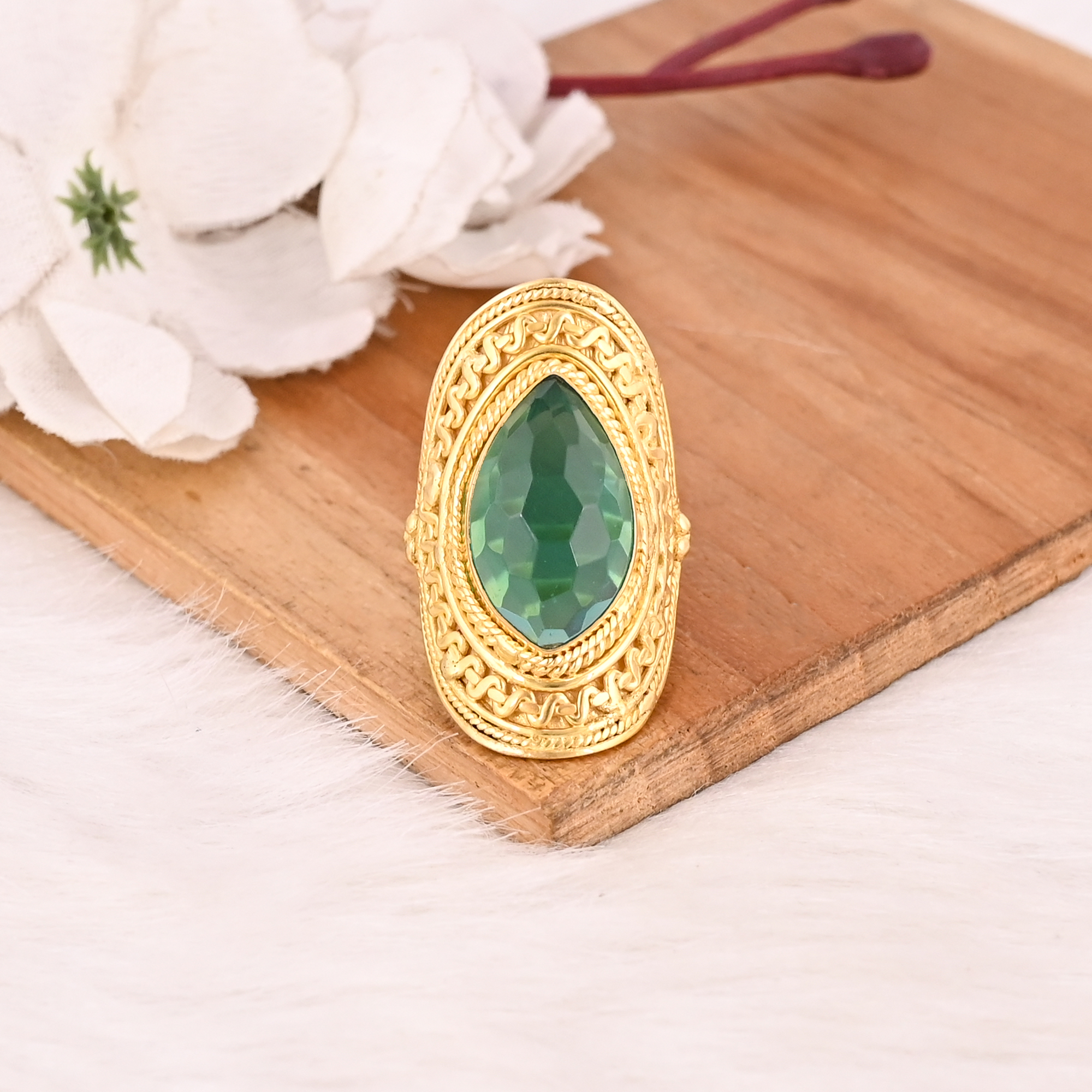 Vintage Apatite Hydro Brass Ring Handmade Gemstone Jewelry for Women