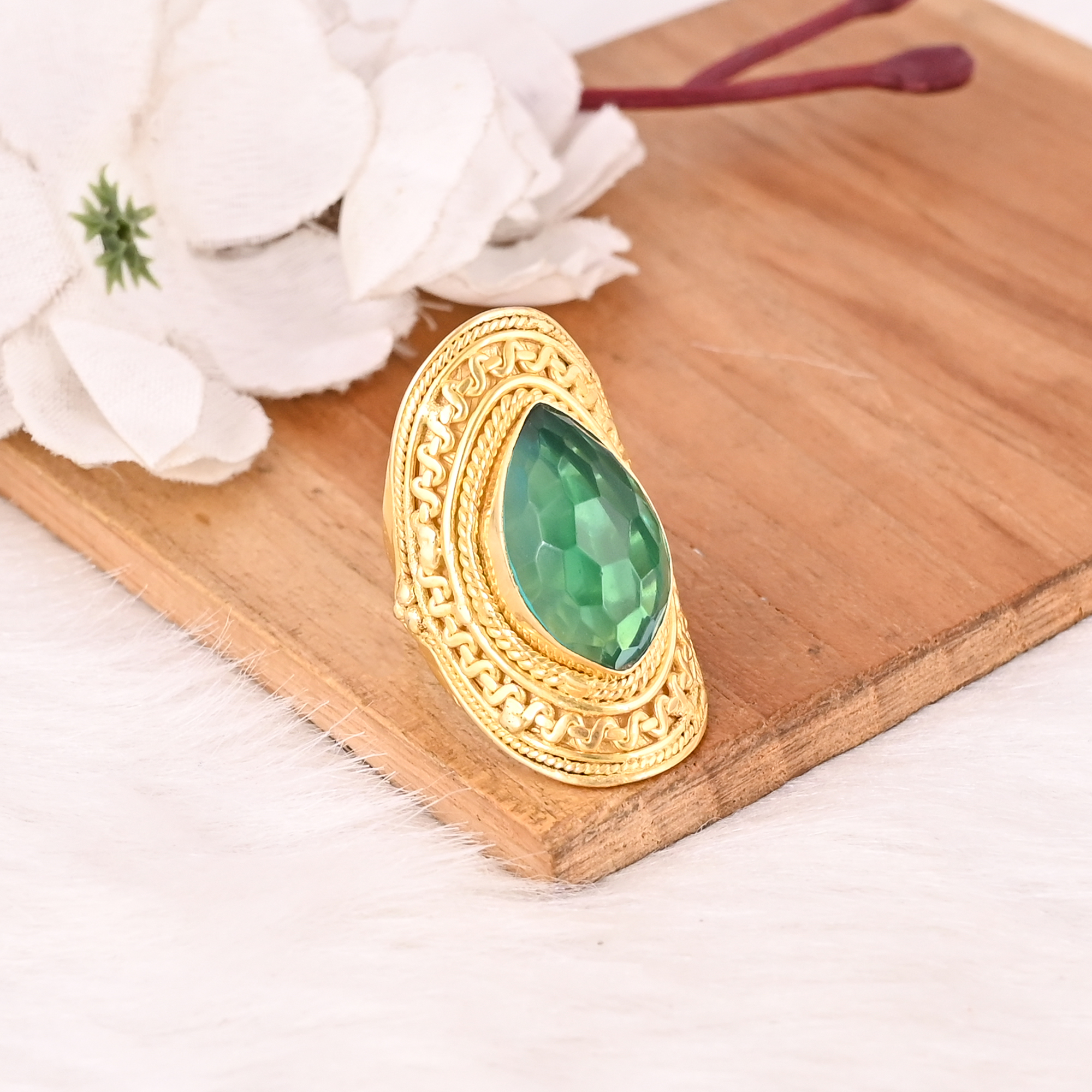 Vintage Apatite Hydro Brass Ring Handmade Gemstone Jewelry for Women