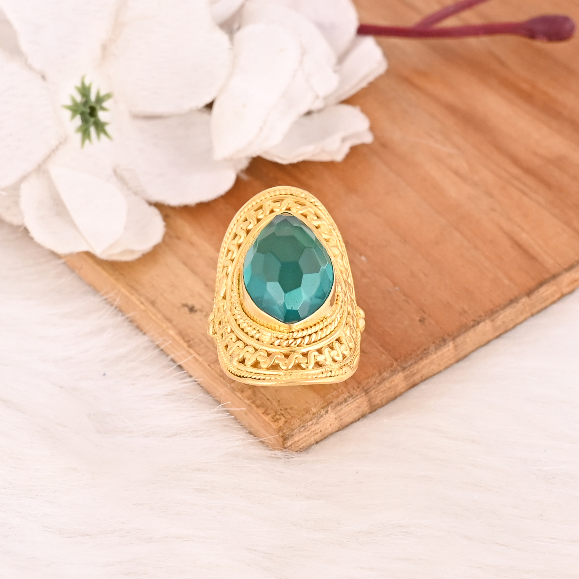 Vintage Apatite Hydro Brass Ring Handmade Gemstone Jewelry for Women