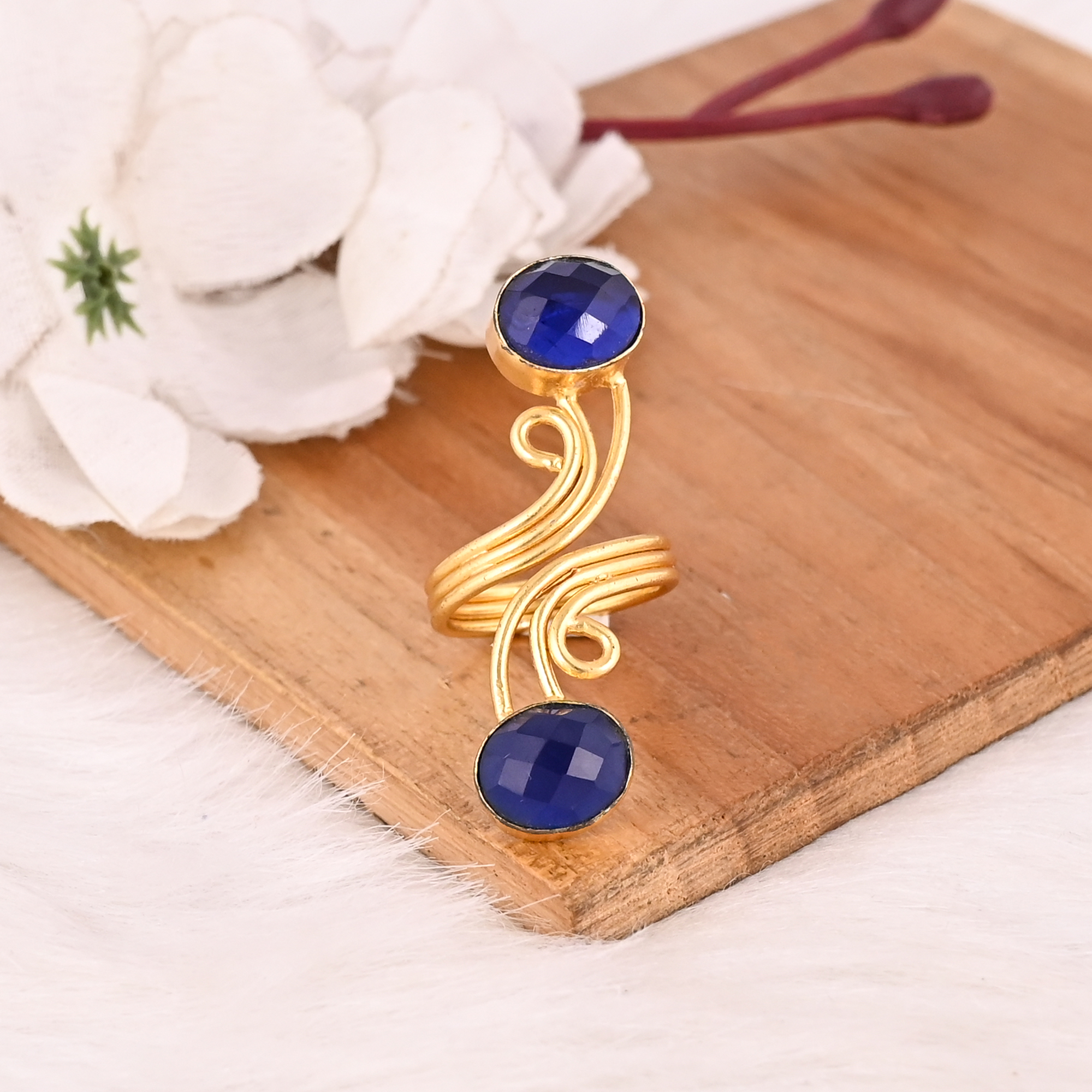 Ink Blue Brass Two Gemstone Fashion Ring for Women Gold Plated Stylish Oval Shape Accessory