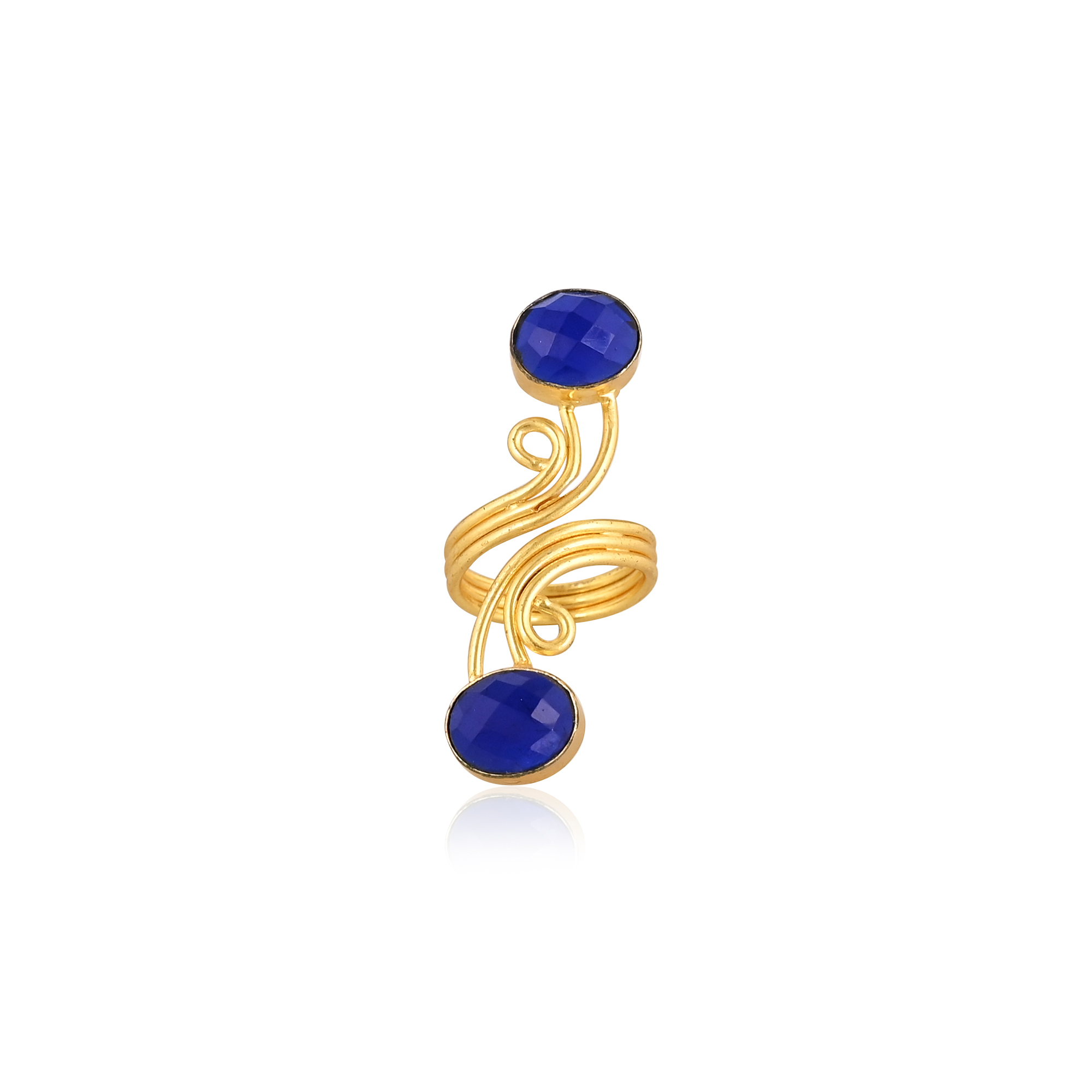 Ink Blue Brass Two Gemstone Fashion Ring for Women Gold Plated Stylish Oval Shape Accessory