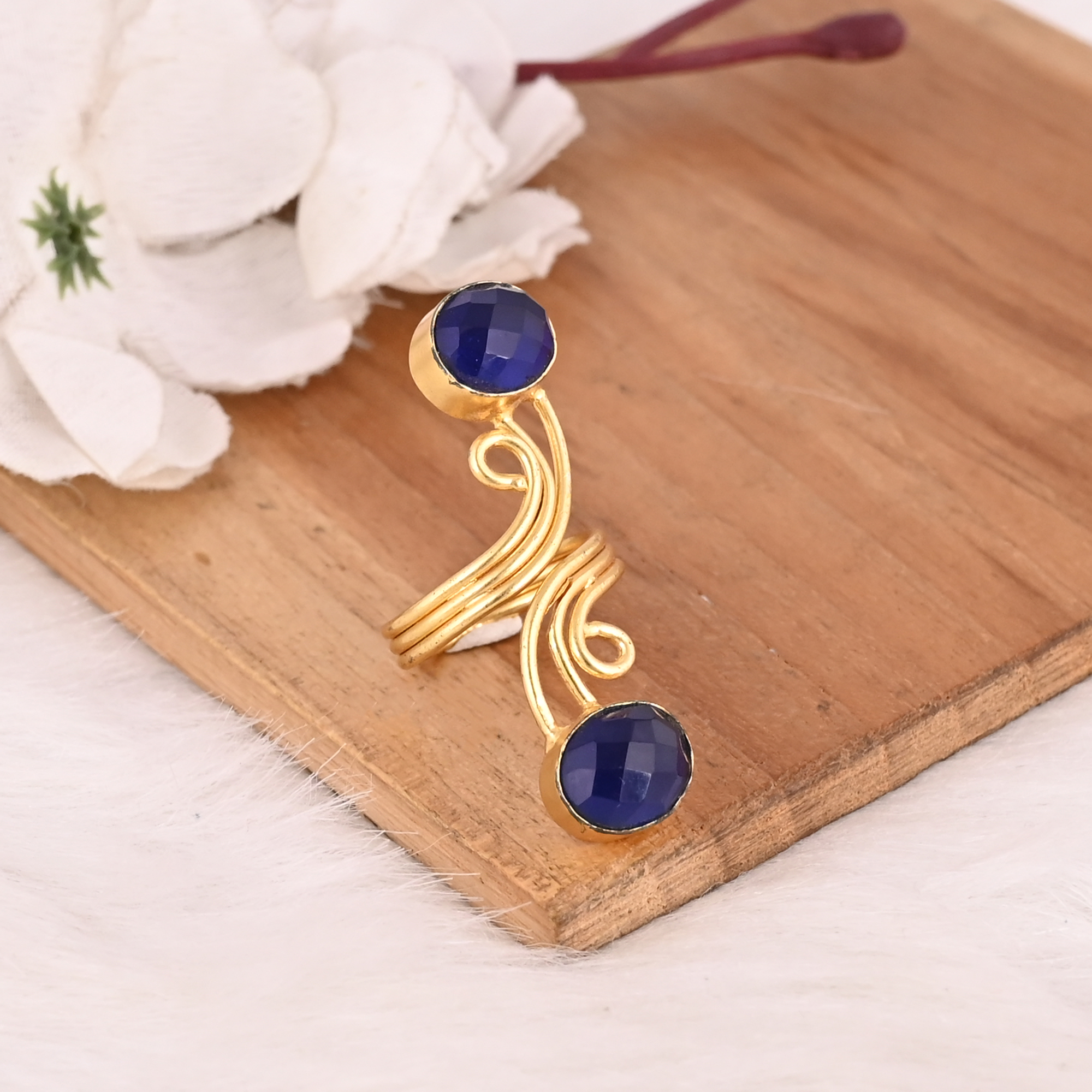 Ink Blue Brass Two Gemstone Fashion Ring for Women Gold Plated Stylish Oval Shape Accessory