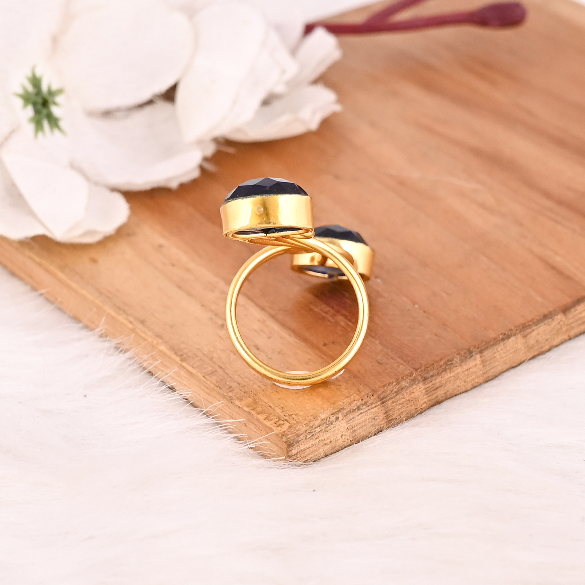 Ink Blue Brass Two Gemstone Fashion Ring for Women Gold Plated Stylish Oval Shape Accessory