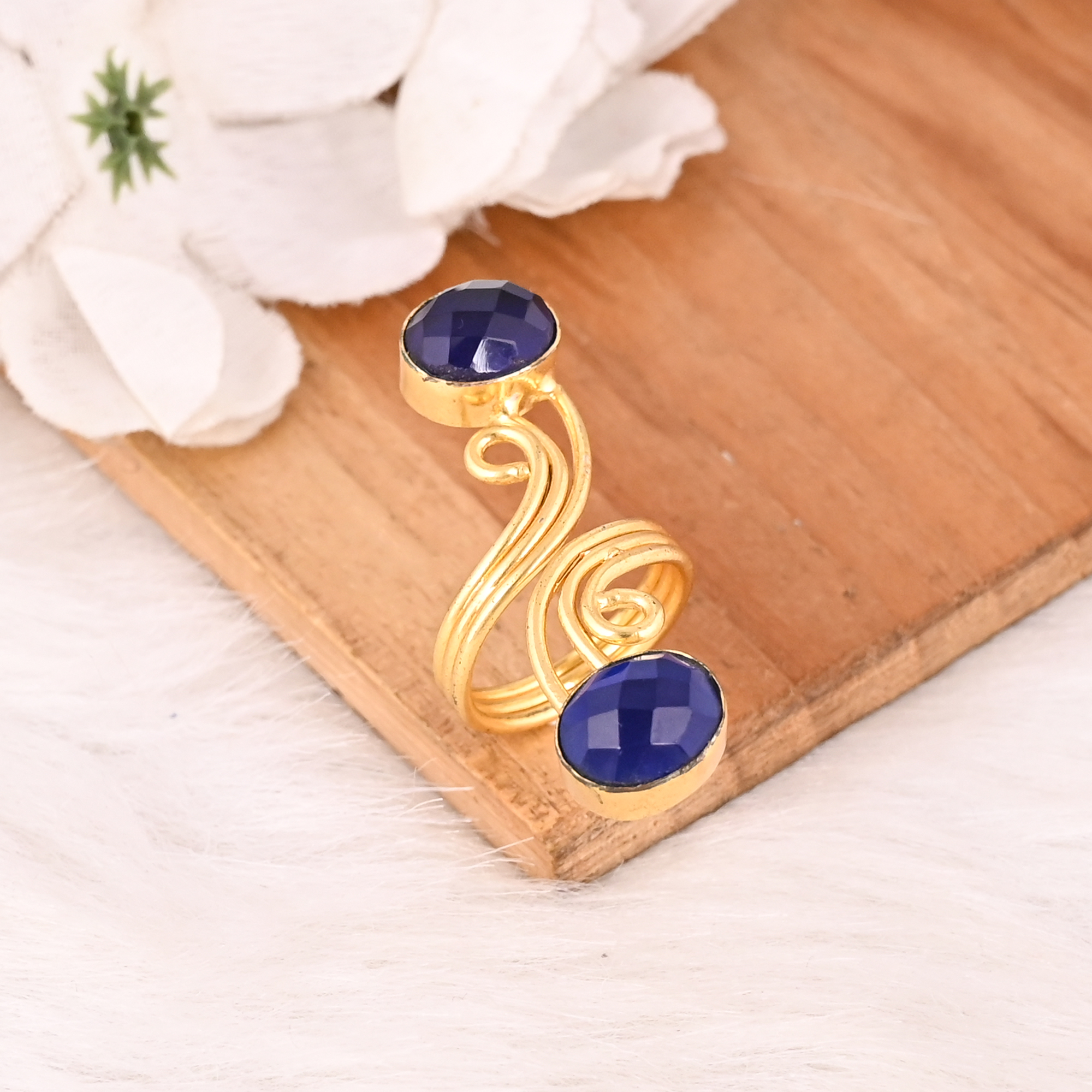 Ink Blue Brass Two Gemstone Fashion Ring for Women Gold Plated Stylish Oval Shape Accessory