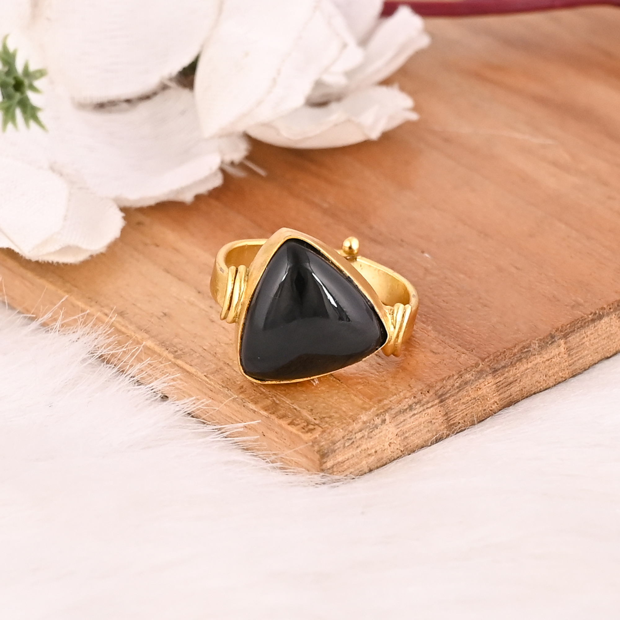 Adjustable Black Onyx Stone Gold Plated Brass Ring Handmade Trendy Fashion Jewelry for Women
