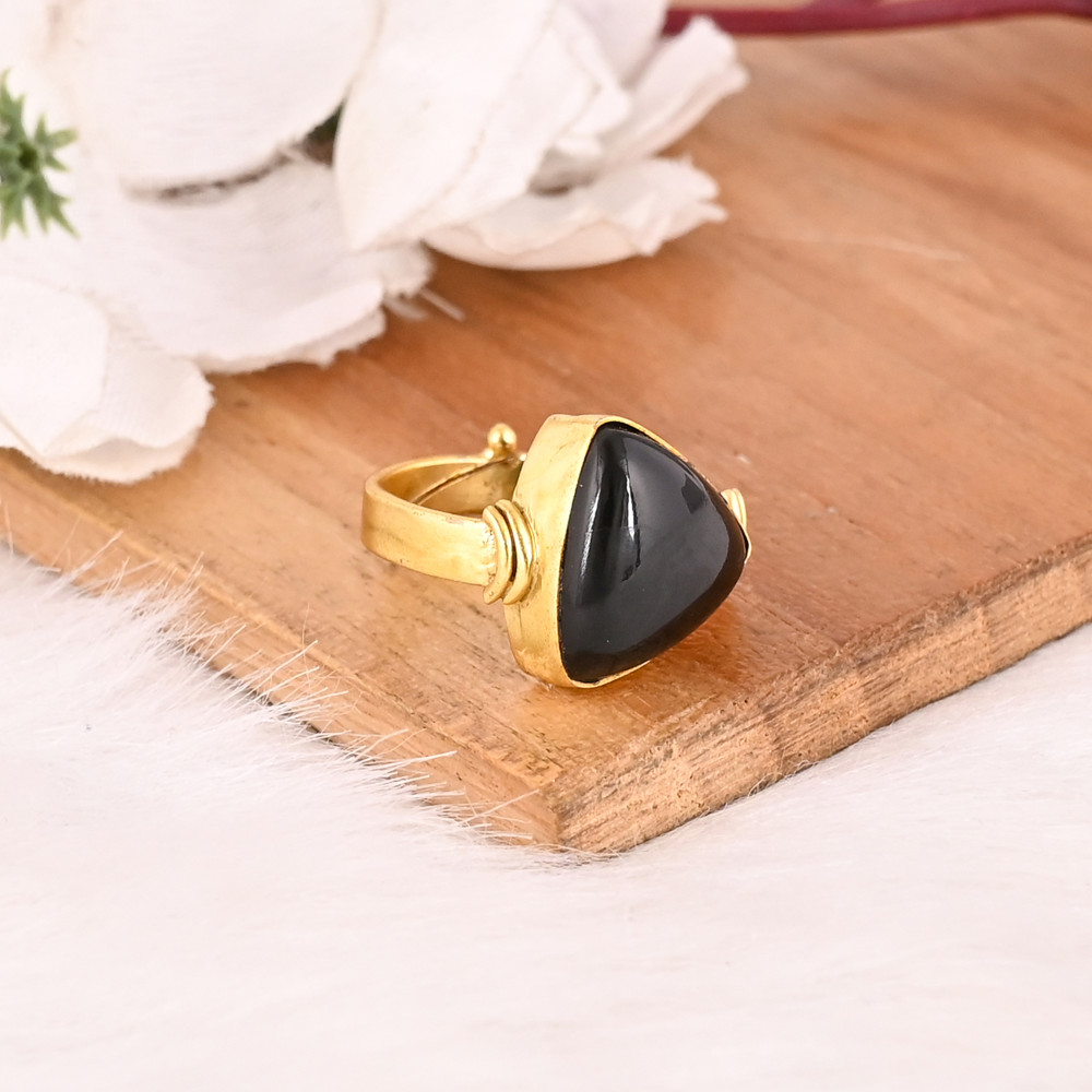 Image of Adjustable Black Onyx Stone Gold Plated Brass Ring Handmade Trendy Fashion Jewelry for Women