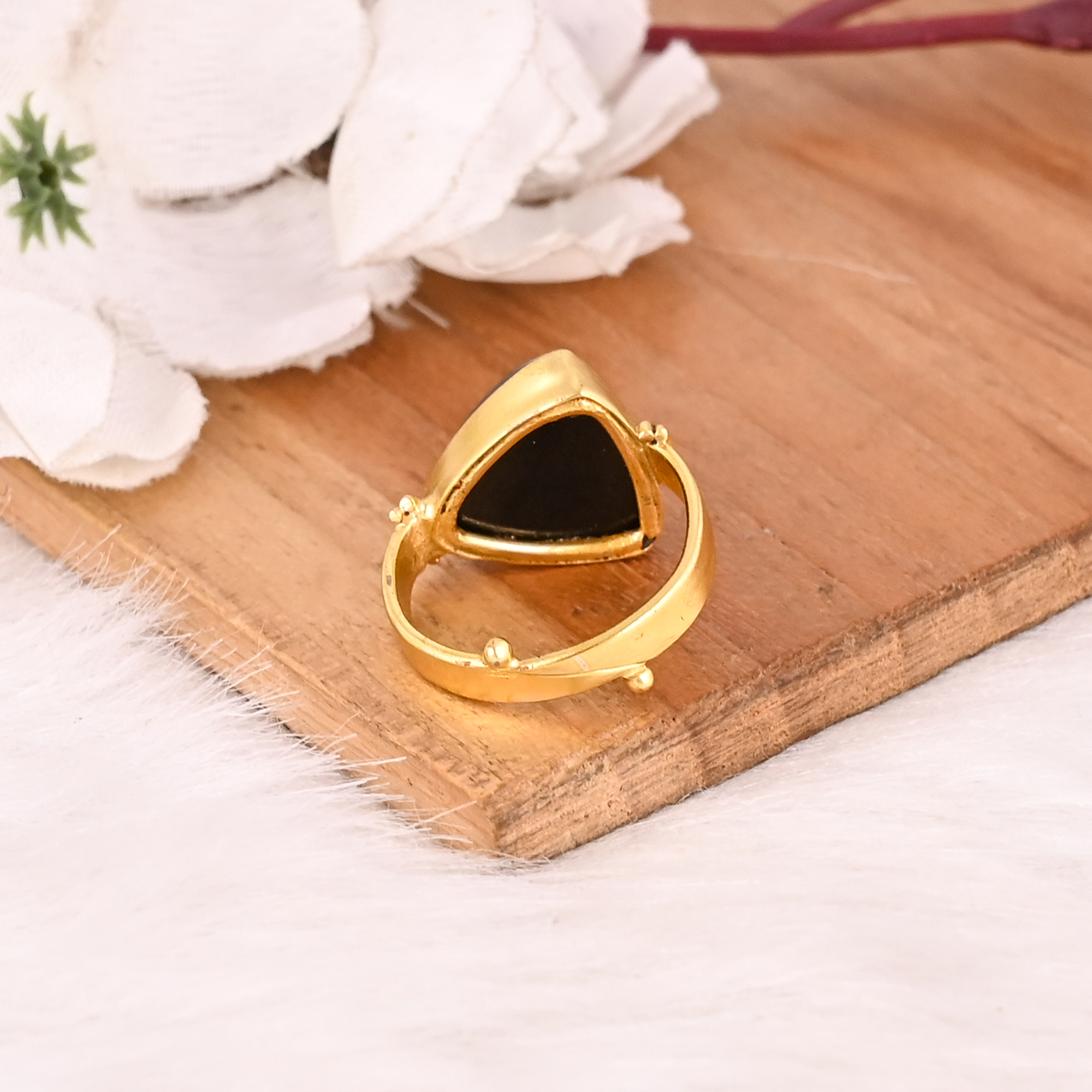 Adjustable Black Onyx Stone Gold Plated Brass Ring Handmade Trendy Fashion Jewelry for Women