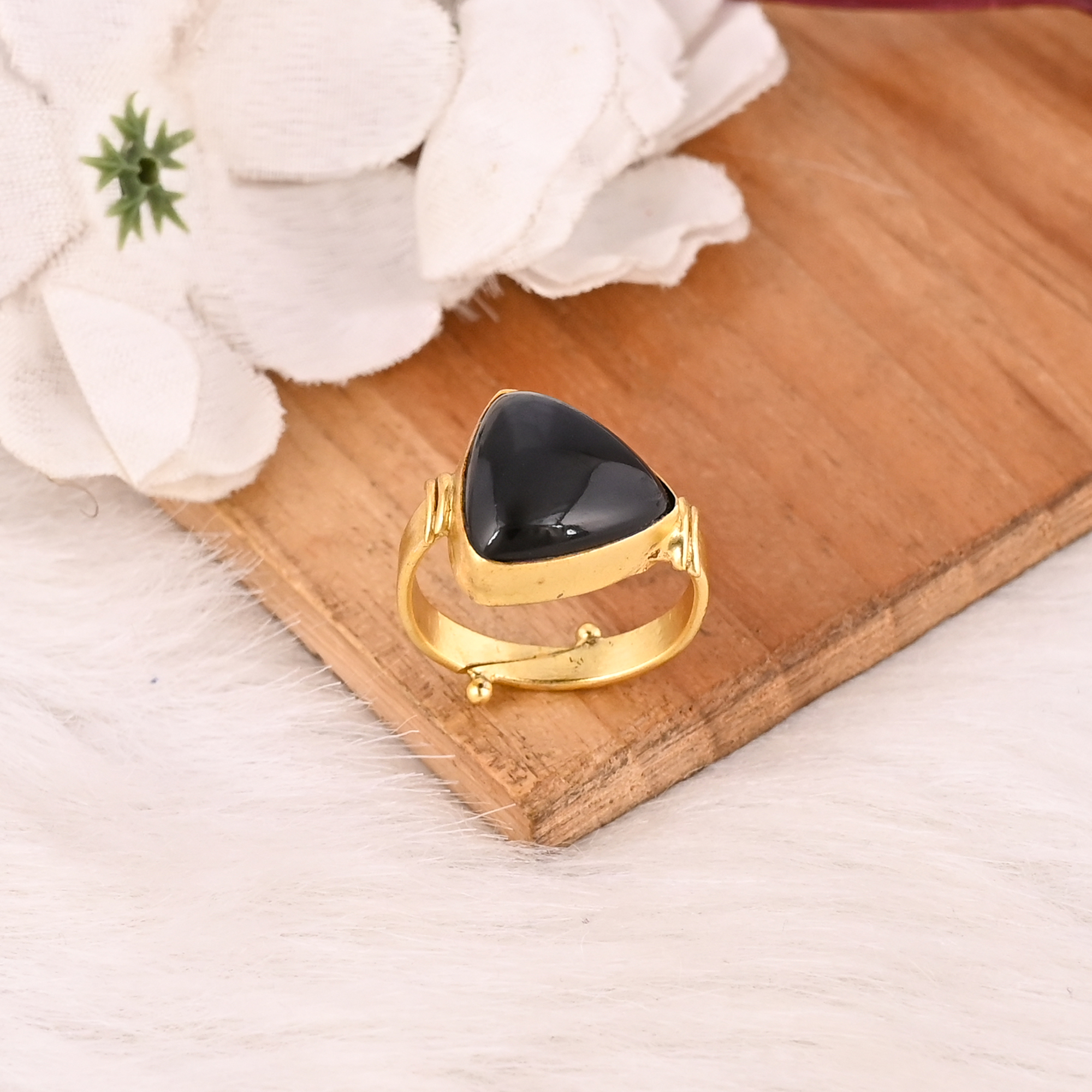 Adjustable Black Onyx Stone Gold Plated Brass Ring Handmade Trendy Fashion Jewelry for Women