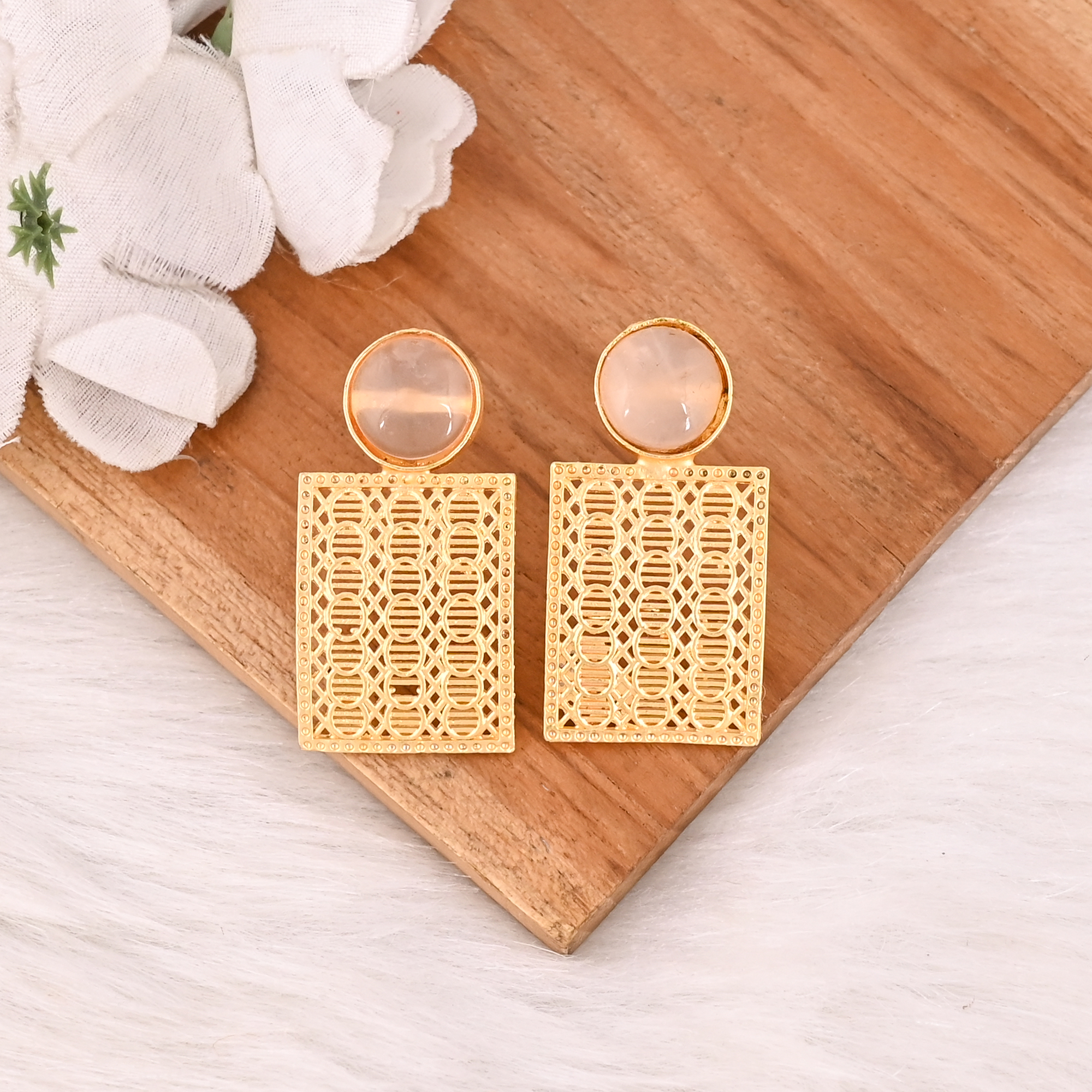Natural Rose Quartz Brass Gold Plated Earring Handmade Gemstone Dangle Jewelry for Women