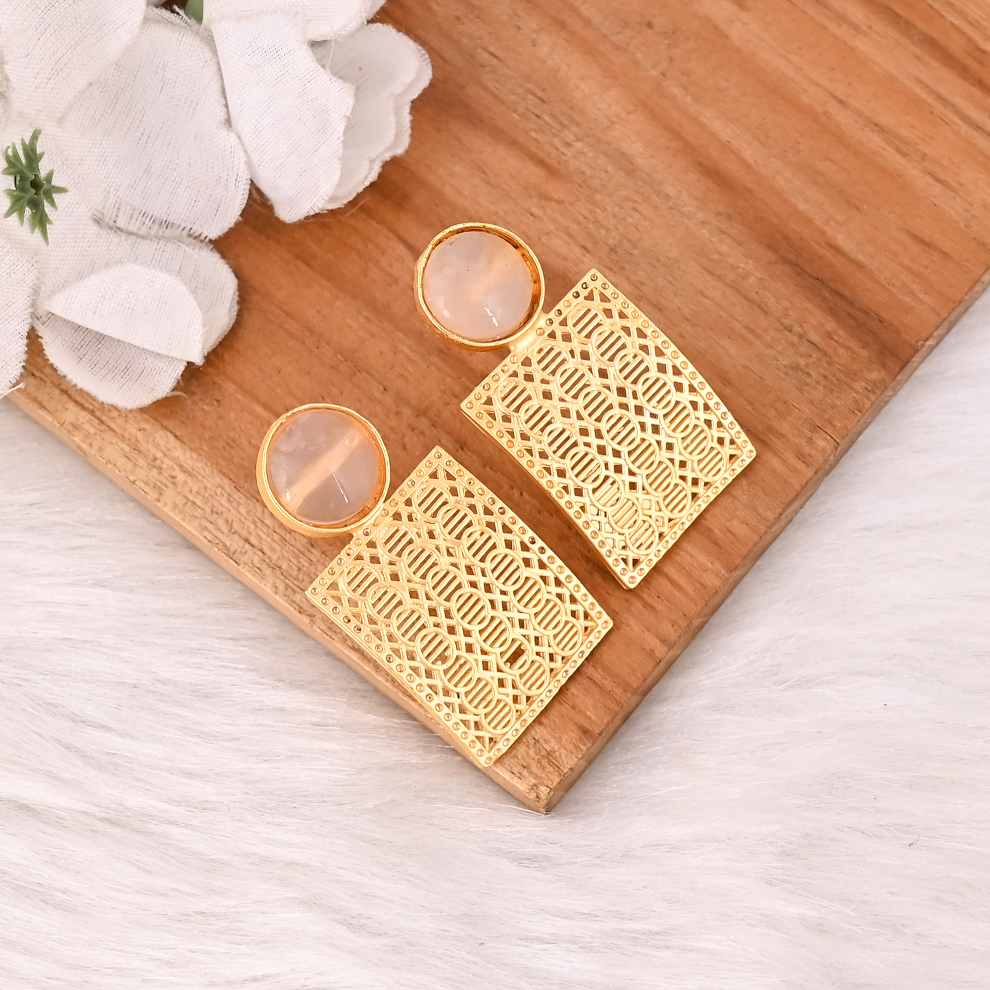 Natural Rose Quartz Brass Gold Plated Earring Handmade Gemstone Dangle Jewelry for Women