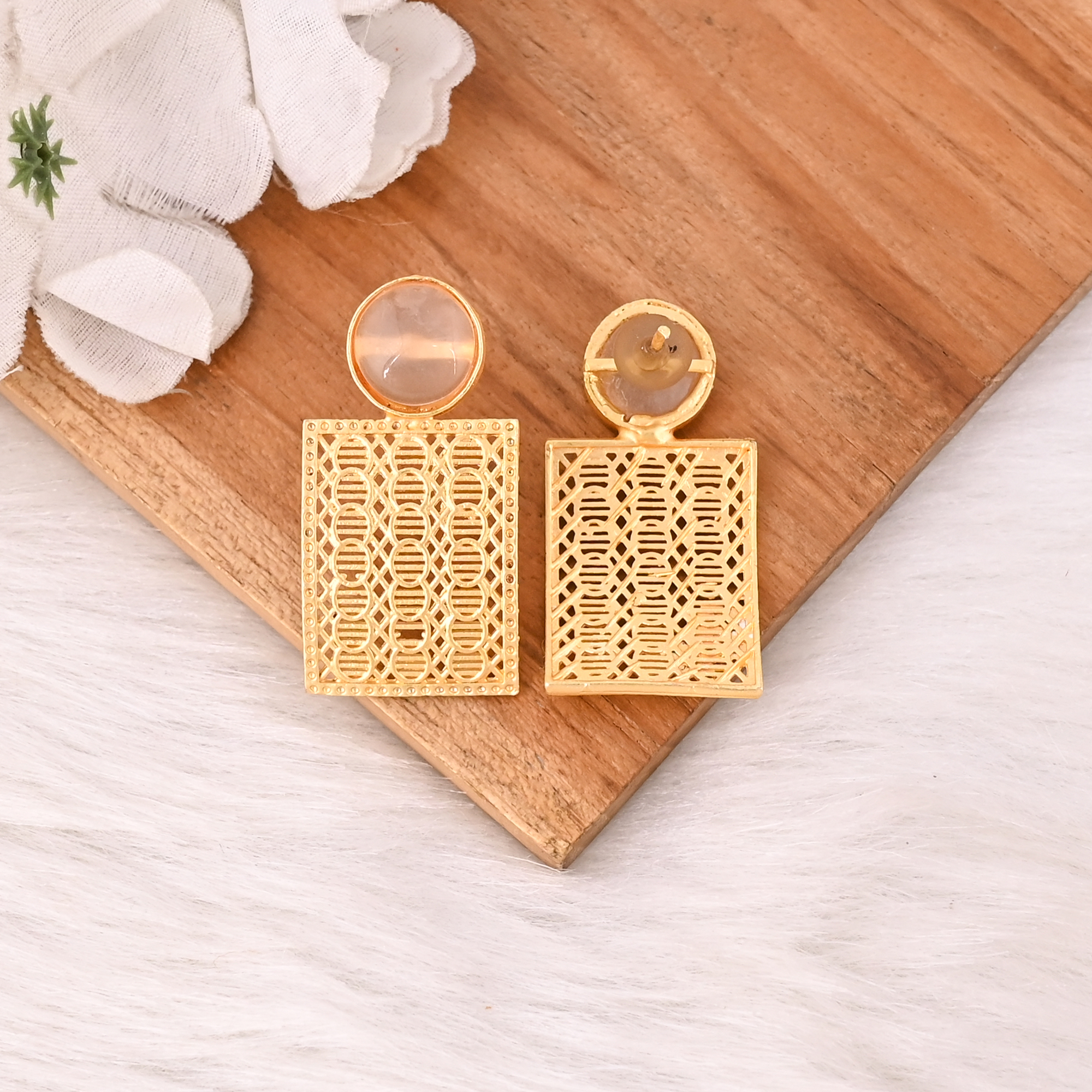 Natural Rose Quartz Brass Gold Plated Earring Handmade Gemstone Dangle Jewelry for Women