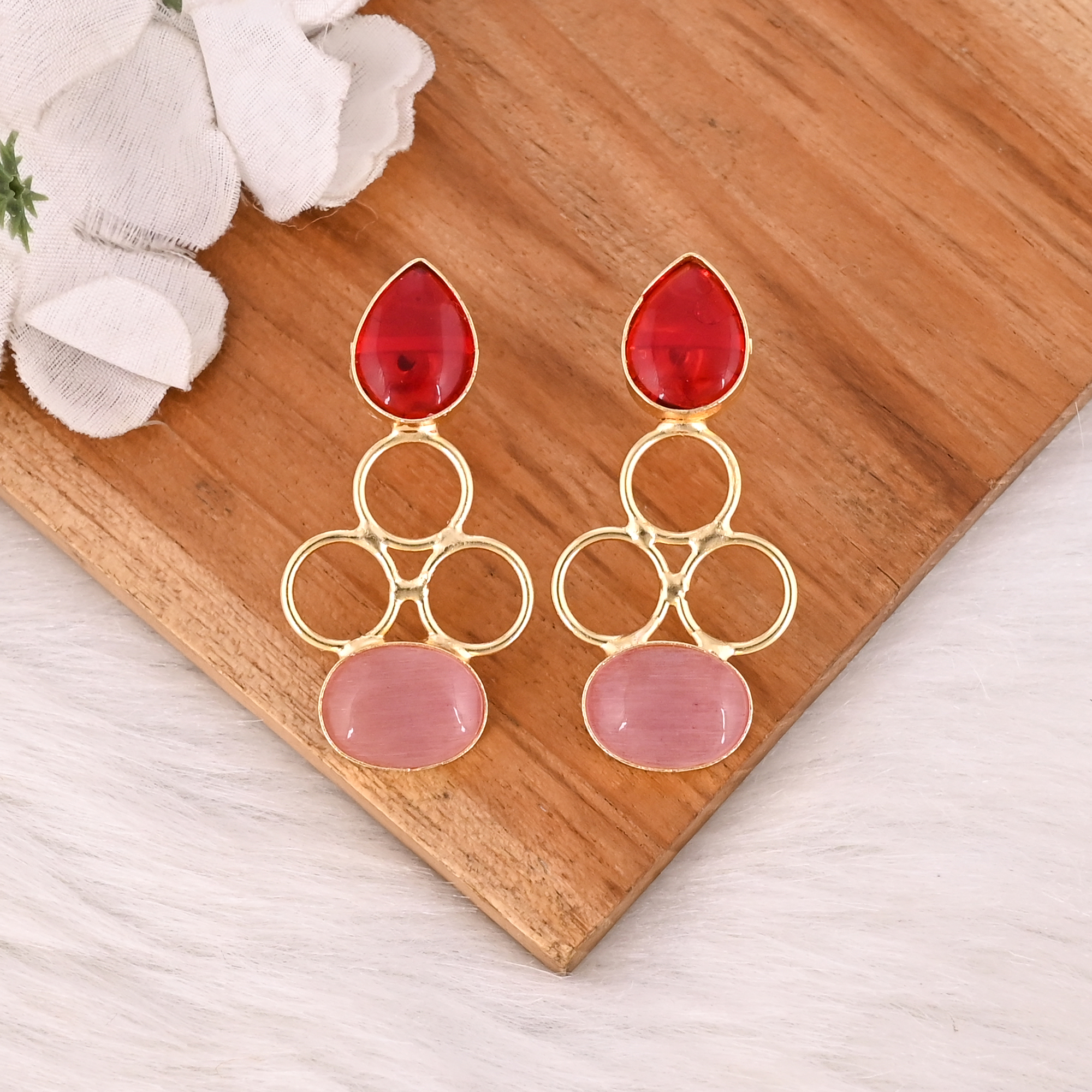 Handmade Red Hydro  Pink Catseye Gemstone Brass Dangle Earrings Gold Plated Brass Fashion Jewelry for Women