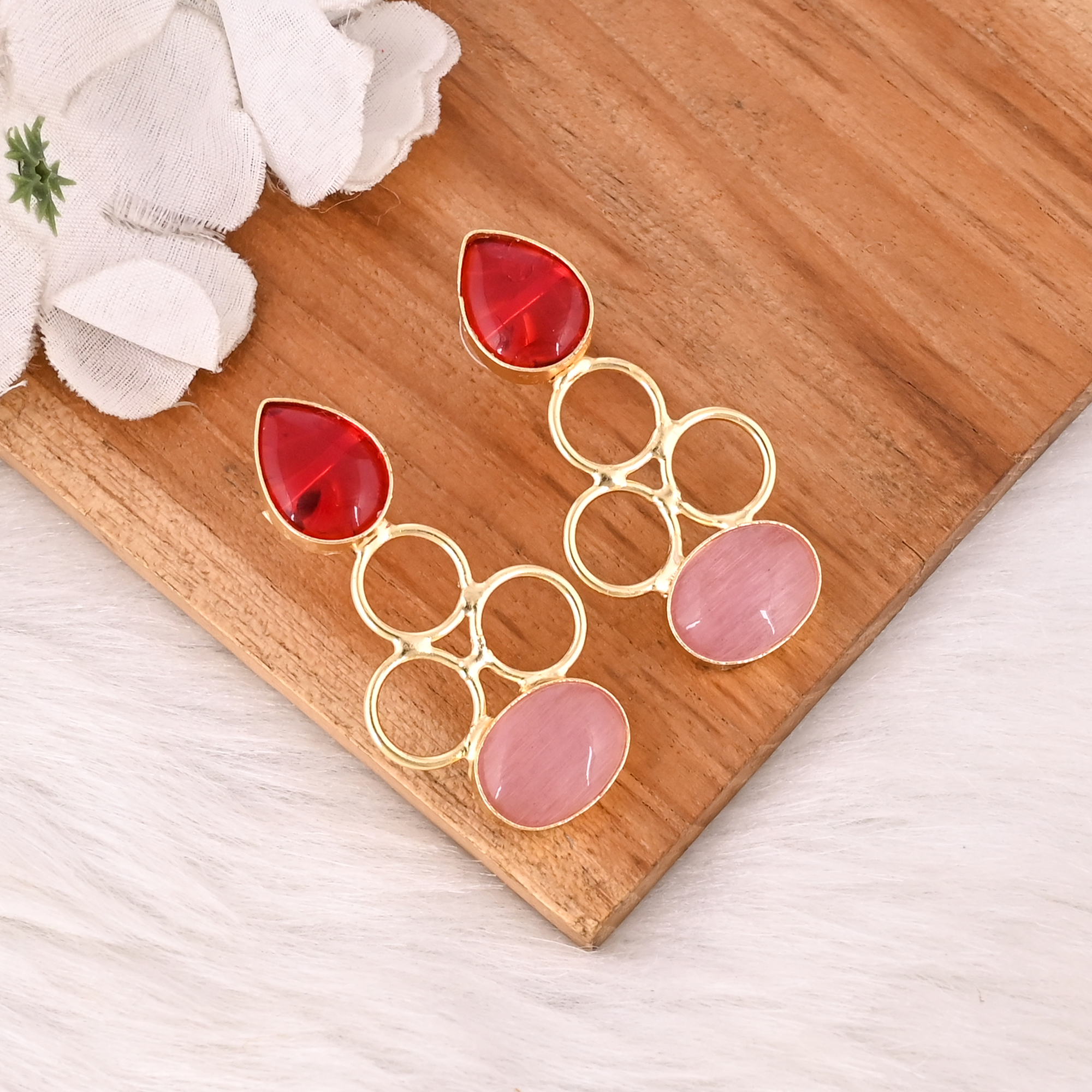 Handmade Red Hydro  Pink Catseye Gemstone Brass Dangle Earrings Gold Plated Brass Fashion Jewelry for Women