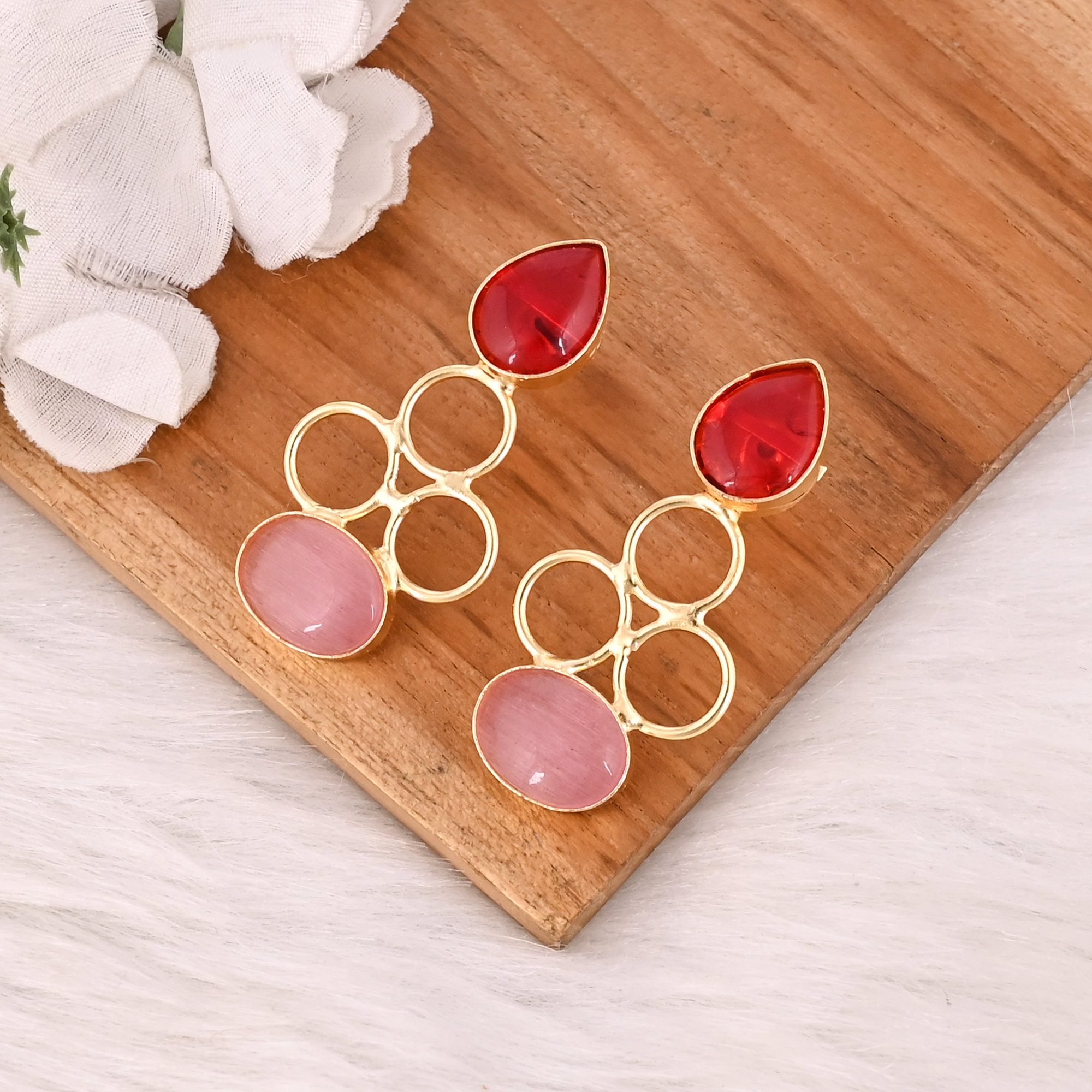 Handmade Red Hydro  Pink Catseye Gemstone Brass Dangle Earrings Gold Plated Brass Fashion Jewelry for Women