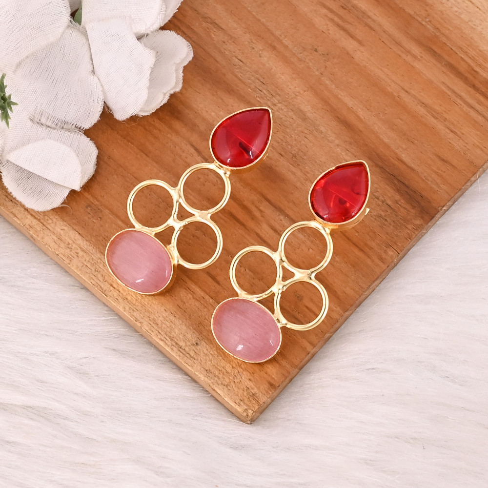 Image of Handmade Red Hydro &amp; Pink Cat'seye Gemstone Brass Dangle Earrings Gold Plated Brass Fashion Jewelry for Women