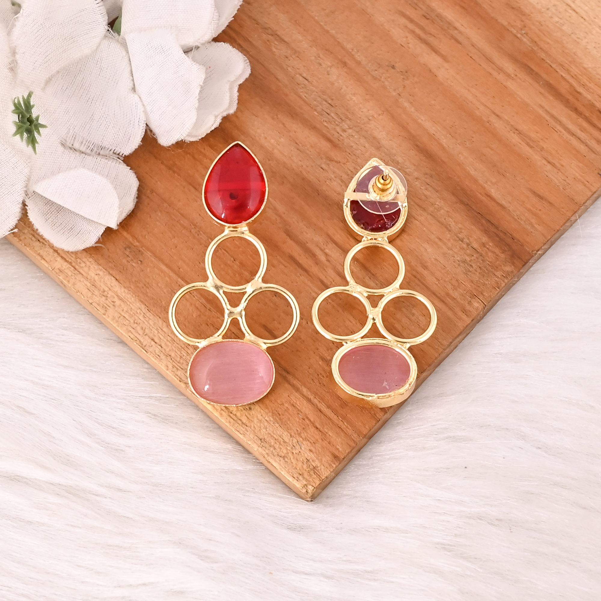Handmade Red Hydro  Pink Catseye Gemstone Brass Dangle Earrings Gold Plated Brass Fashion Jewelry for Women
