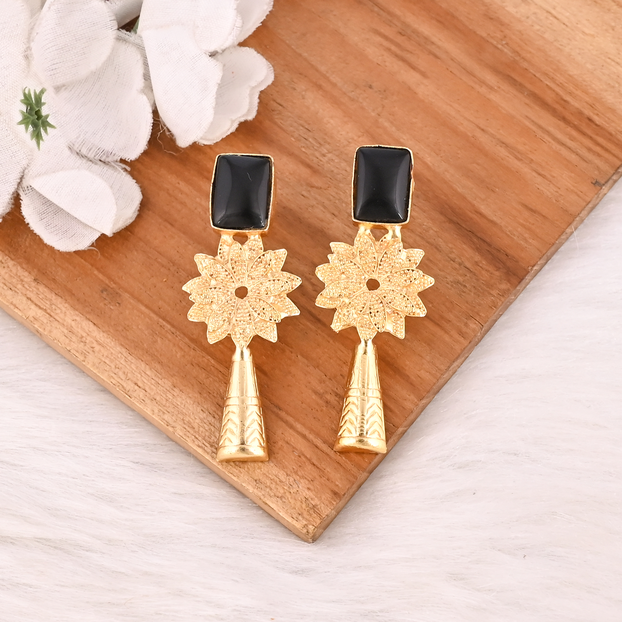 Natural Black Onyx Brass Dangle Earrings Handmade Fashion Jewelry for Women